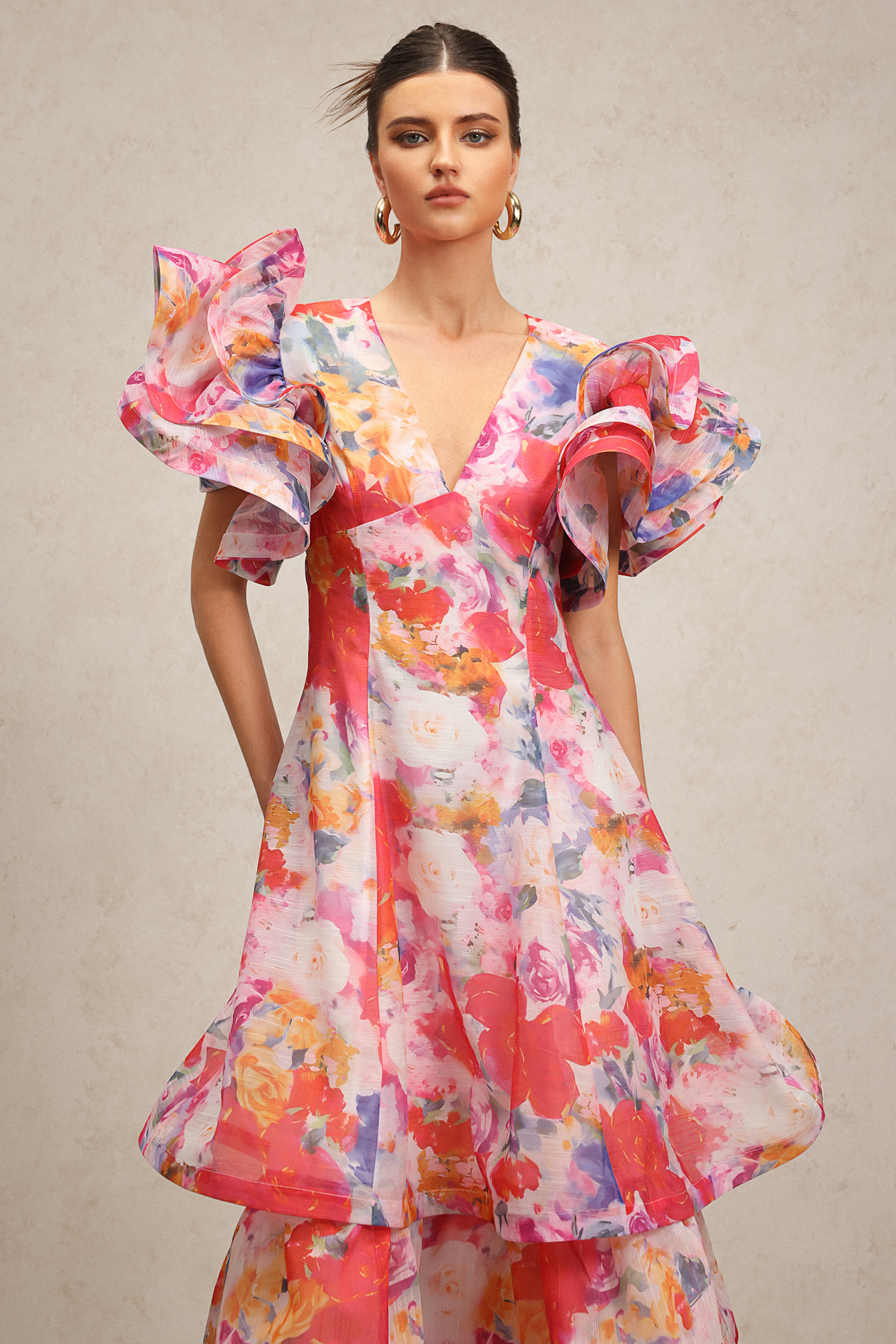 Wenie Printed V-Neck Folds Layered Maxi Dress