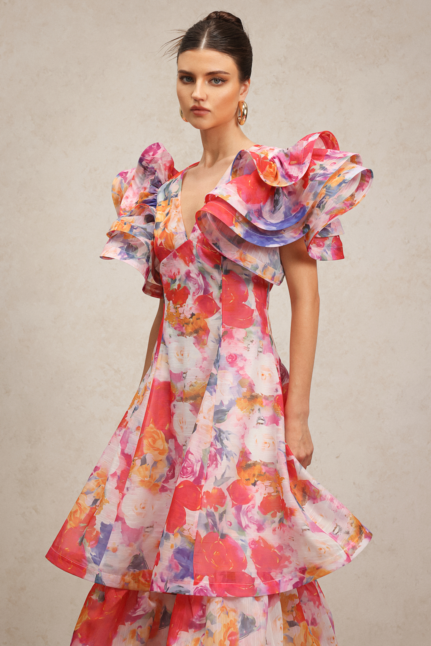 Wenie Printed V-Neck Folds Layered Maxi Dress