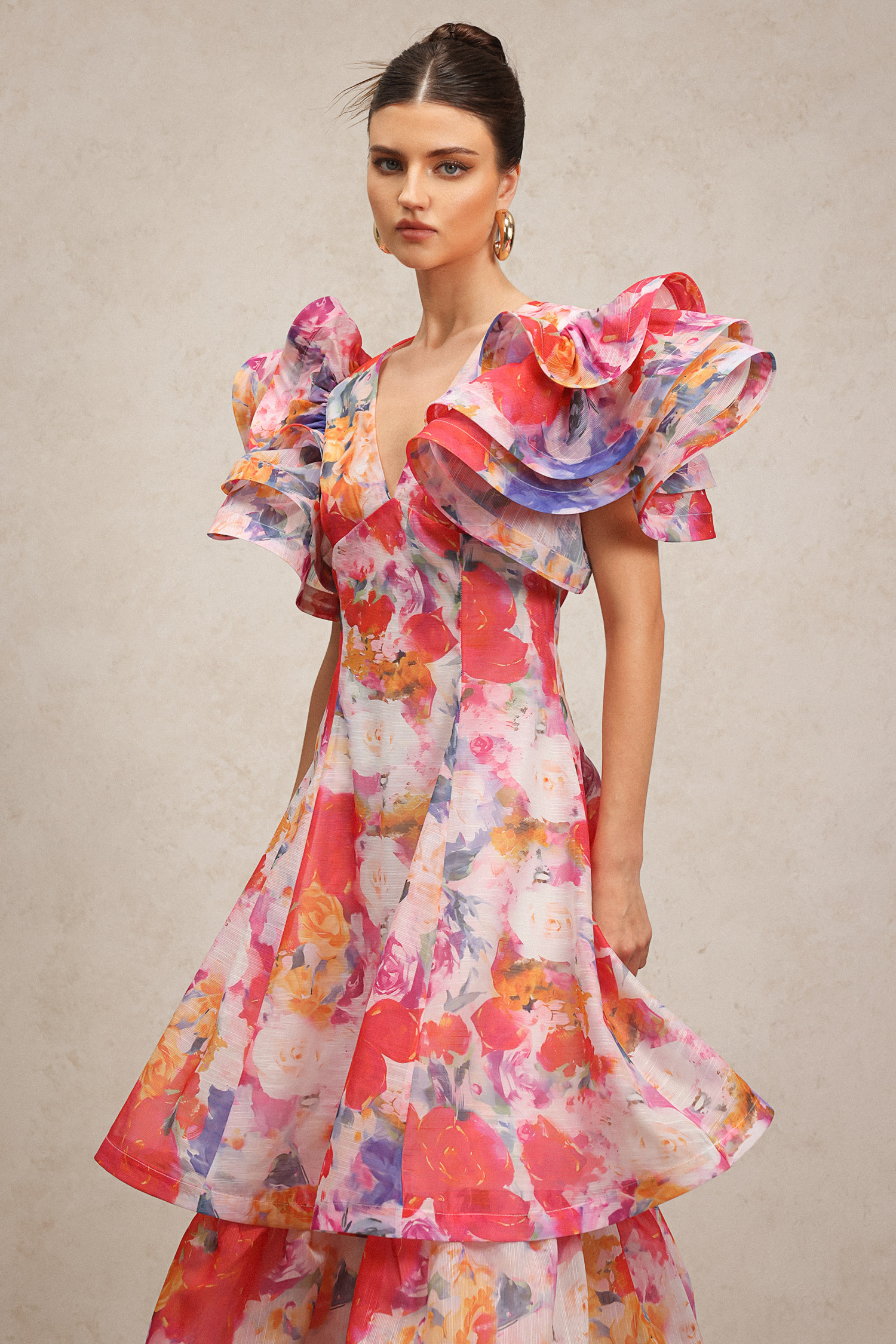 Wenie Printed V-Neck Folds Layered Maxi Dress