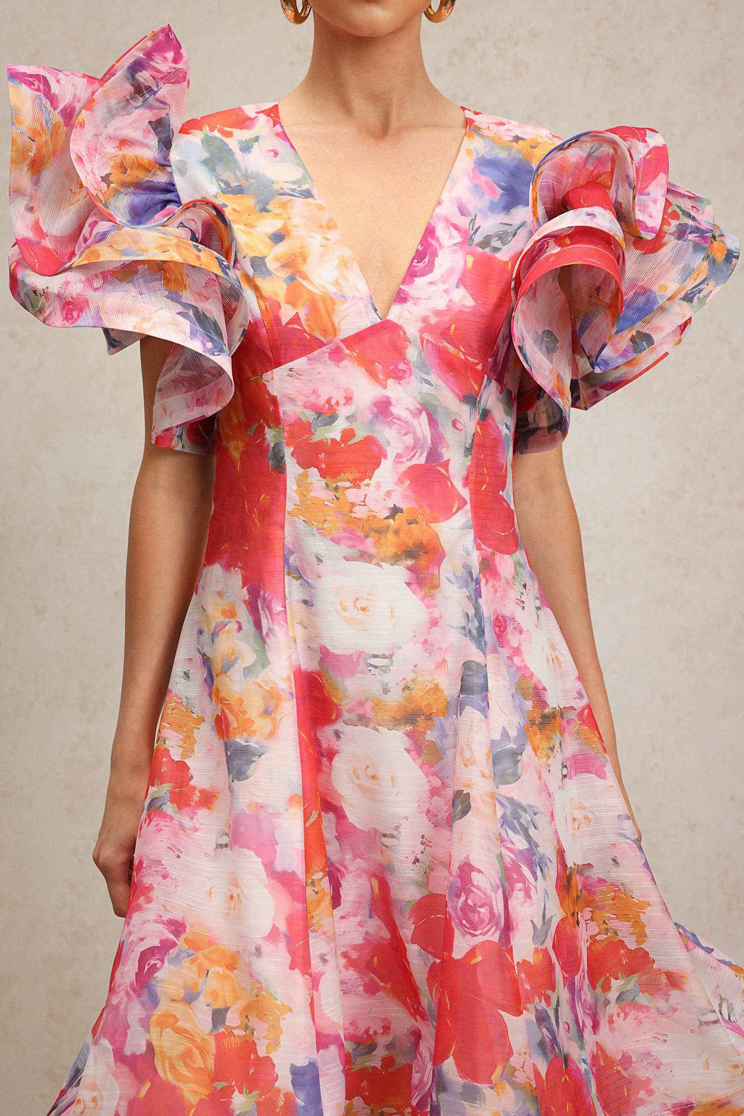 Wenie Printed V-Neck Folds Layered Maxi Dress