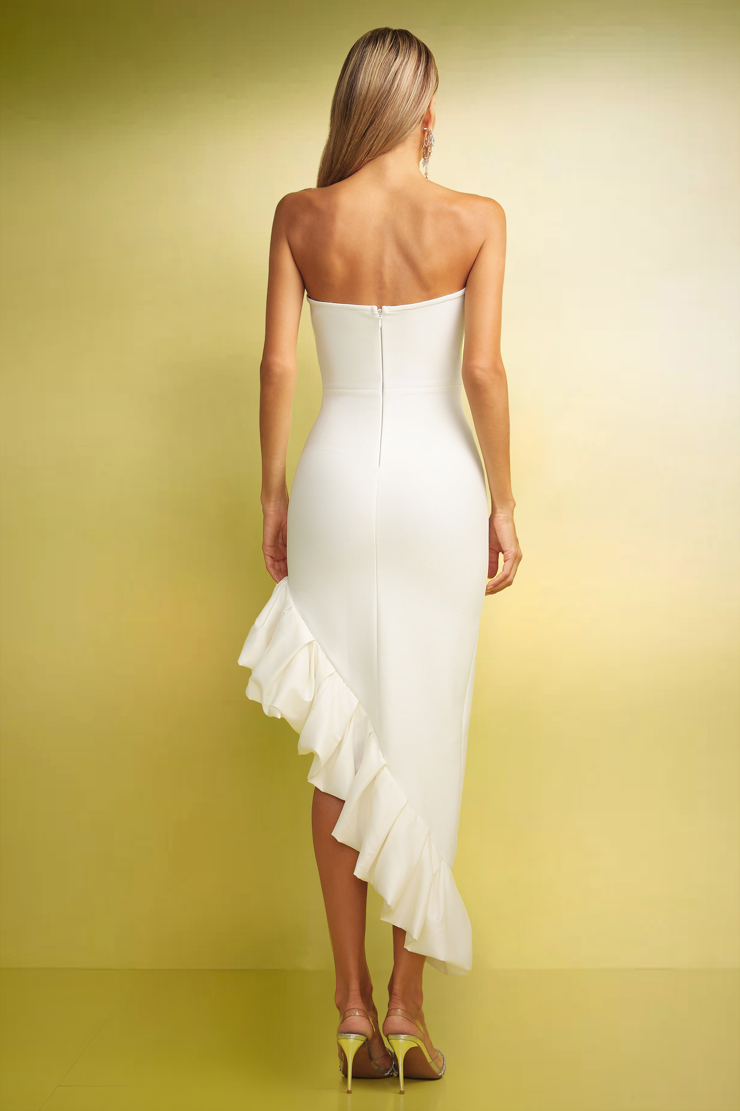 Gaia Slit Strapless Falbala Bandage Midi Dress