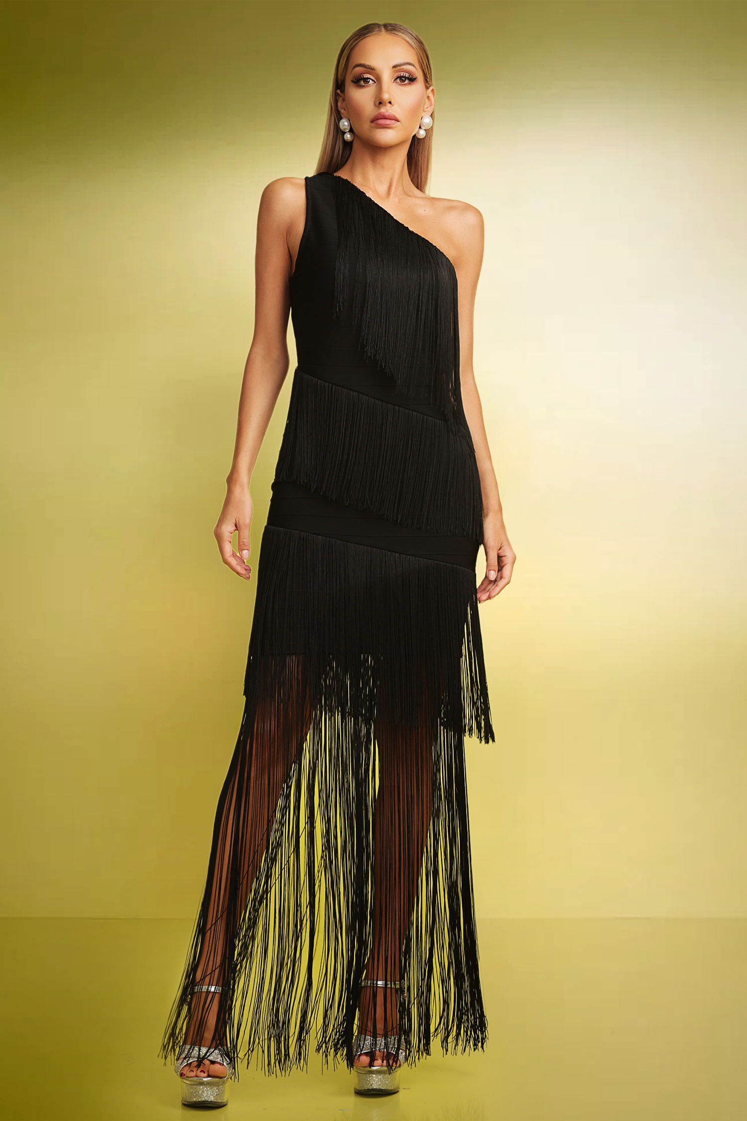 Orli Tassels One Shoulder Bandage Maxi Dress