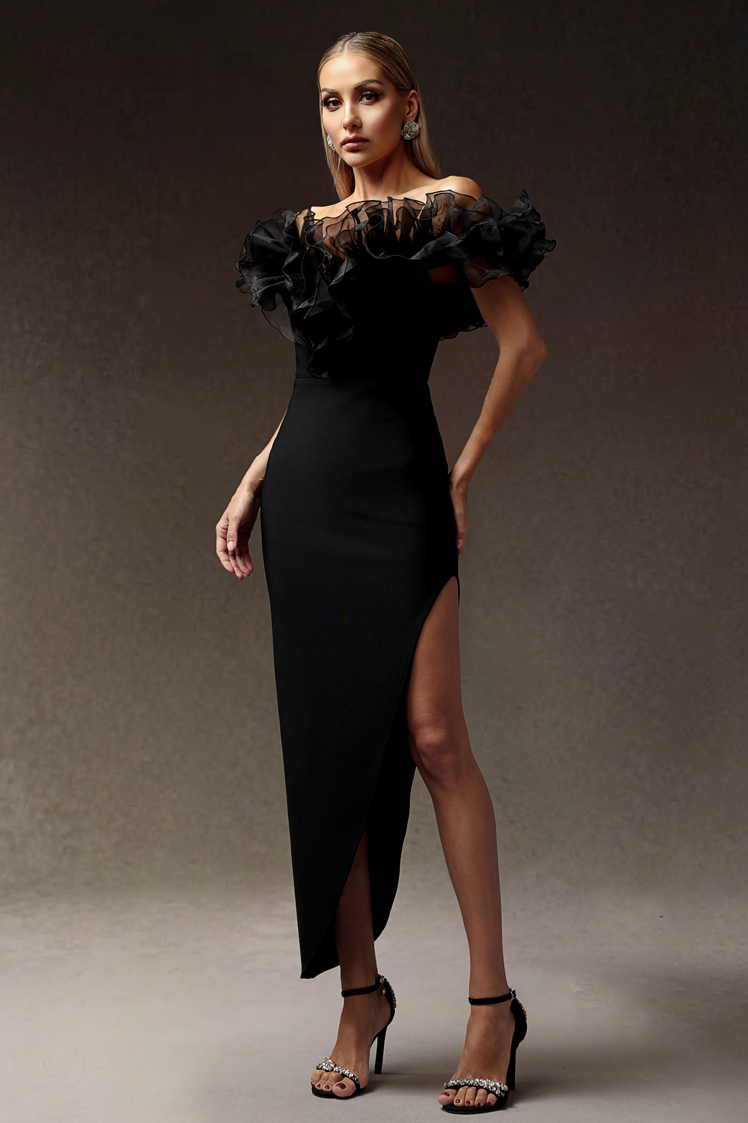Samala Slit Falbala One shoulder Bandage Midi Dress