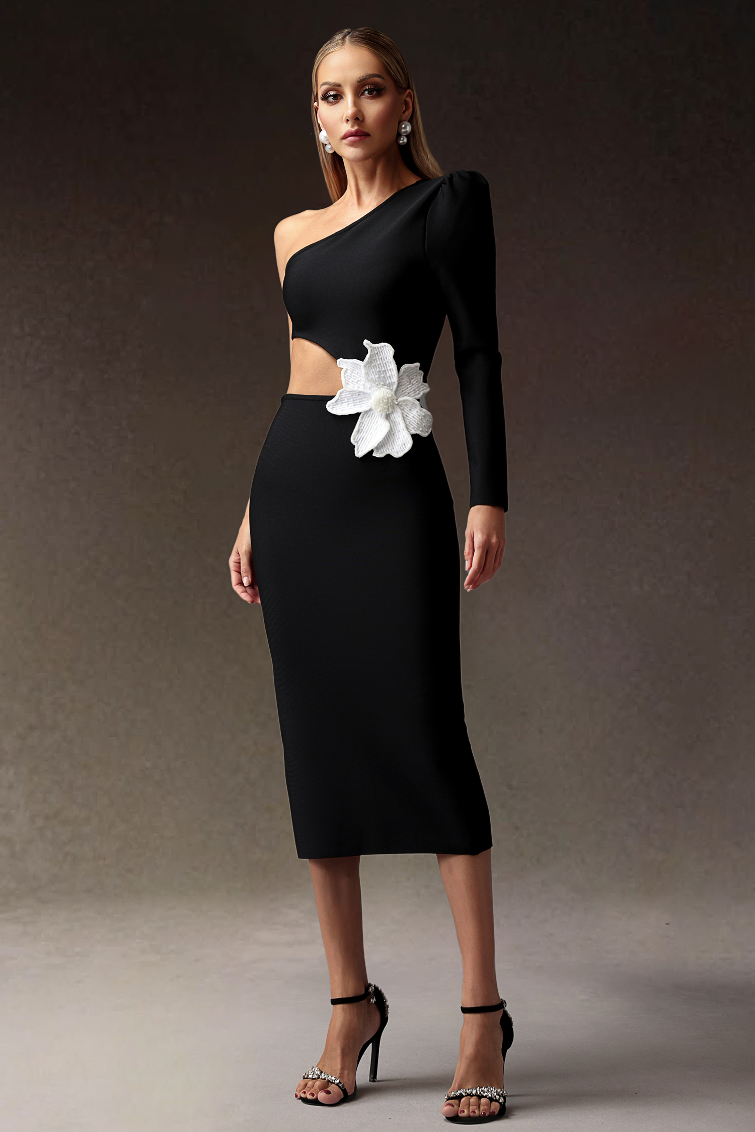 Yette Flower One Shoulder Slim Bandage Midi Dress