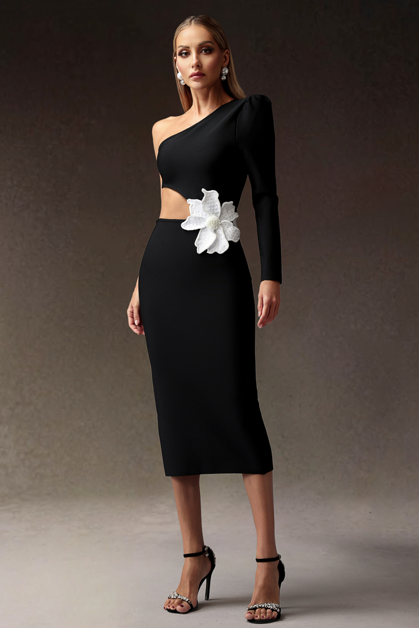 Yette Flower One Shoulder Slim Bandage Midi Dress