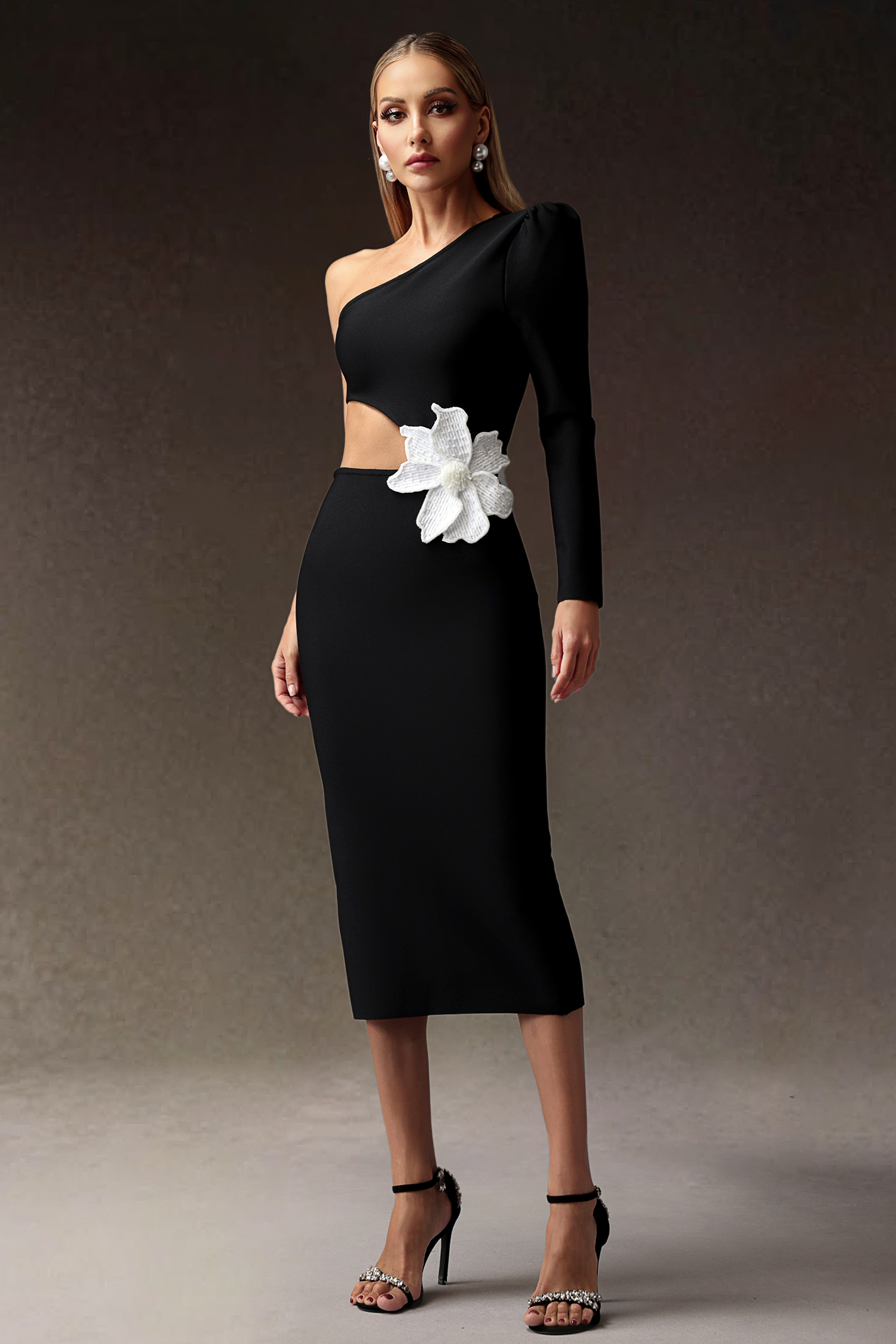 Yette Flower One Shoulder Slim Bandage Midi Dress