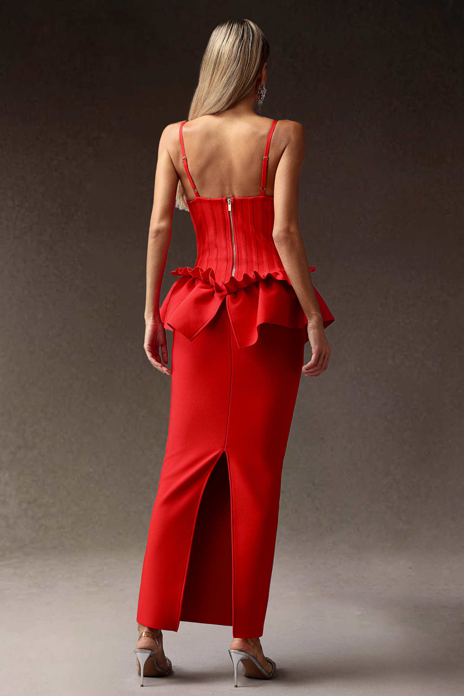 Hayli Deep-V Falbala Slim Backless Bandage Maxi Dress