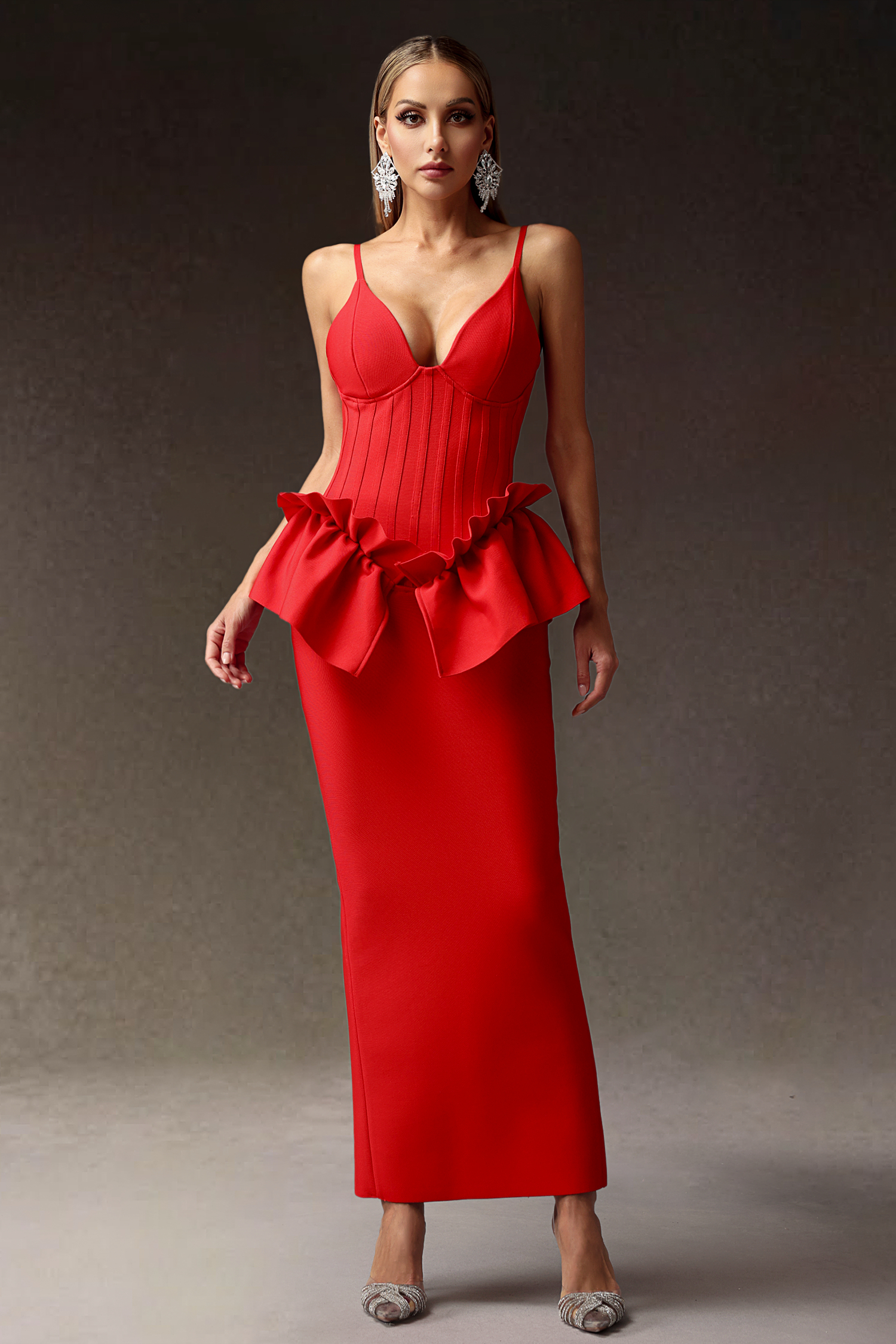 Hayli Deep-V Falbala Slim Backless Bandage Maxi Dress