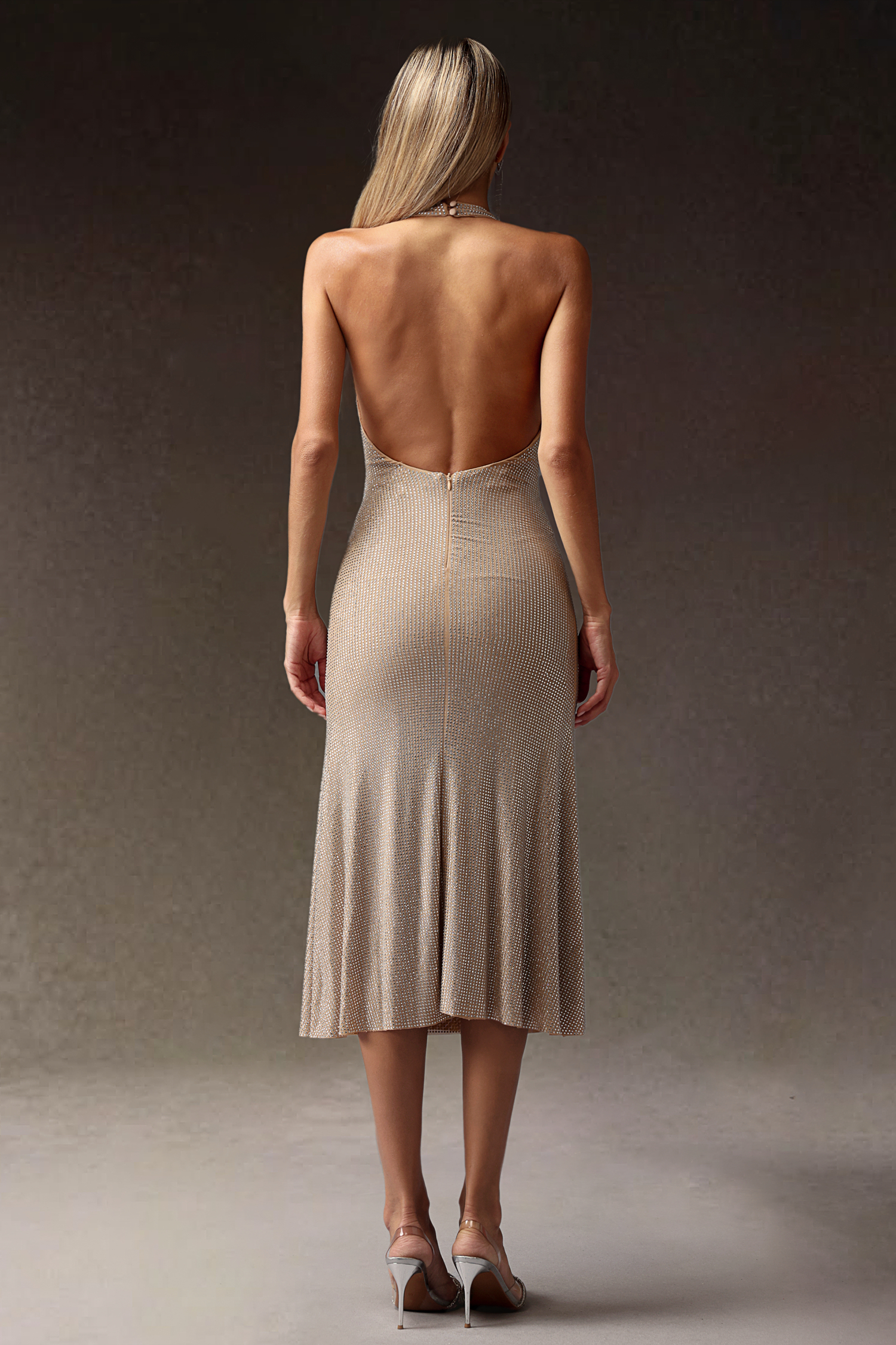 Mary Deep-V Diamond Slim Backless Midi Dress