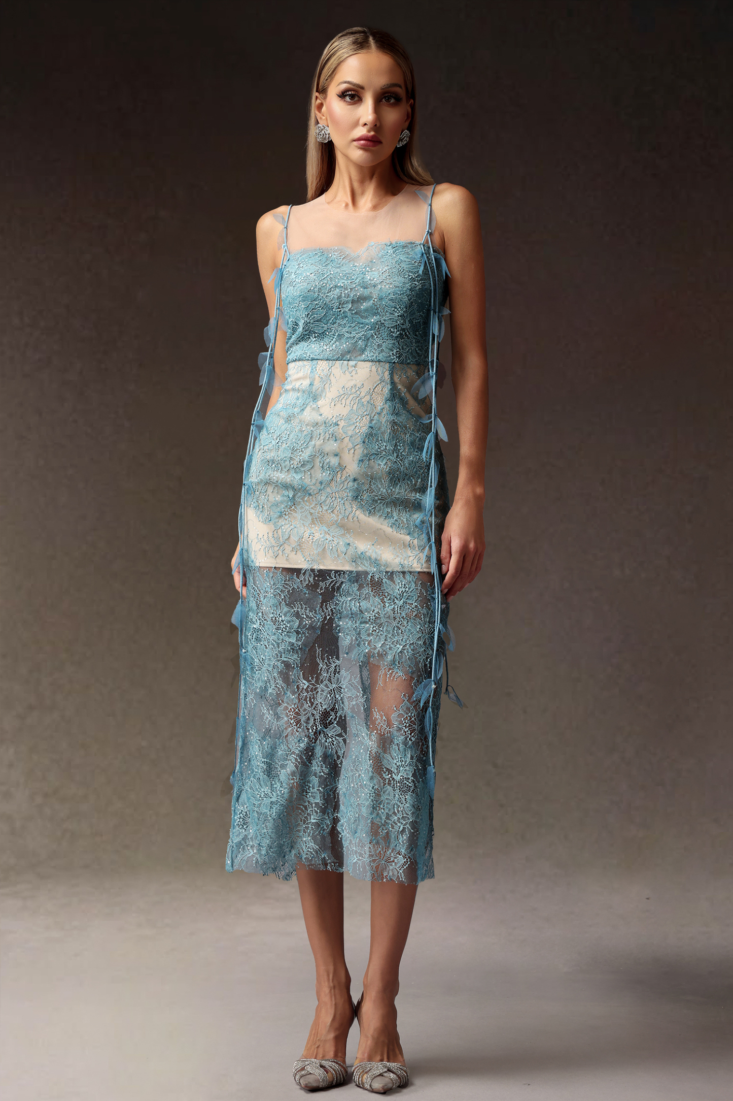 Pillnee Sleeveless Flowers Lace Sequins Maxi Dress