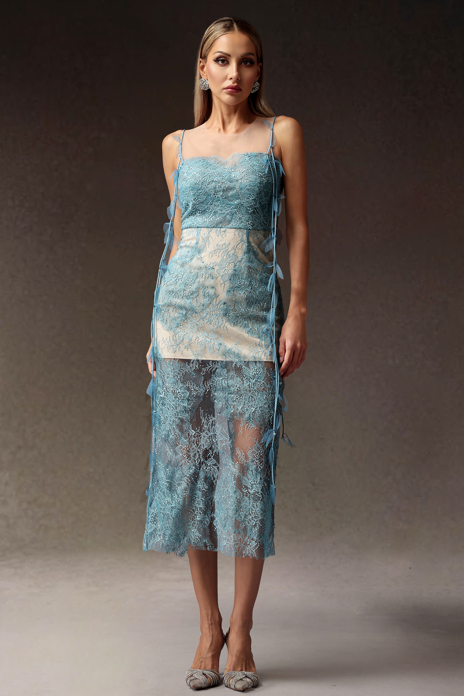 Pillnee Sleeveless Flowers Lace Sequins Maxi Dress