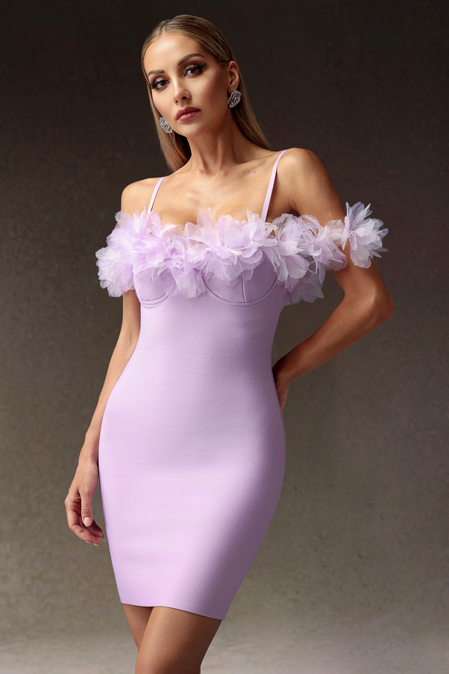 Verney Sleeveless Off-The-Shoulder Flowers Bandage Mini Dress