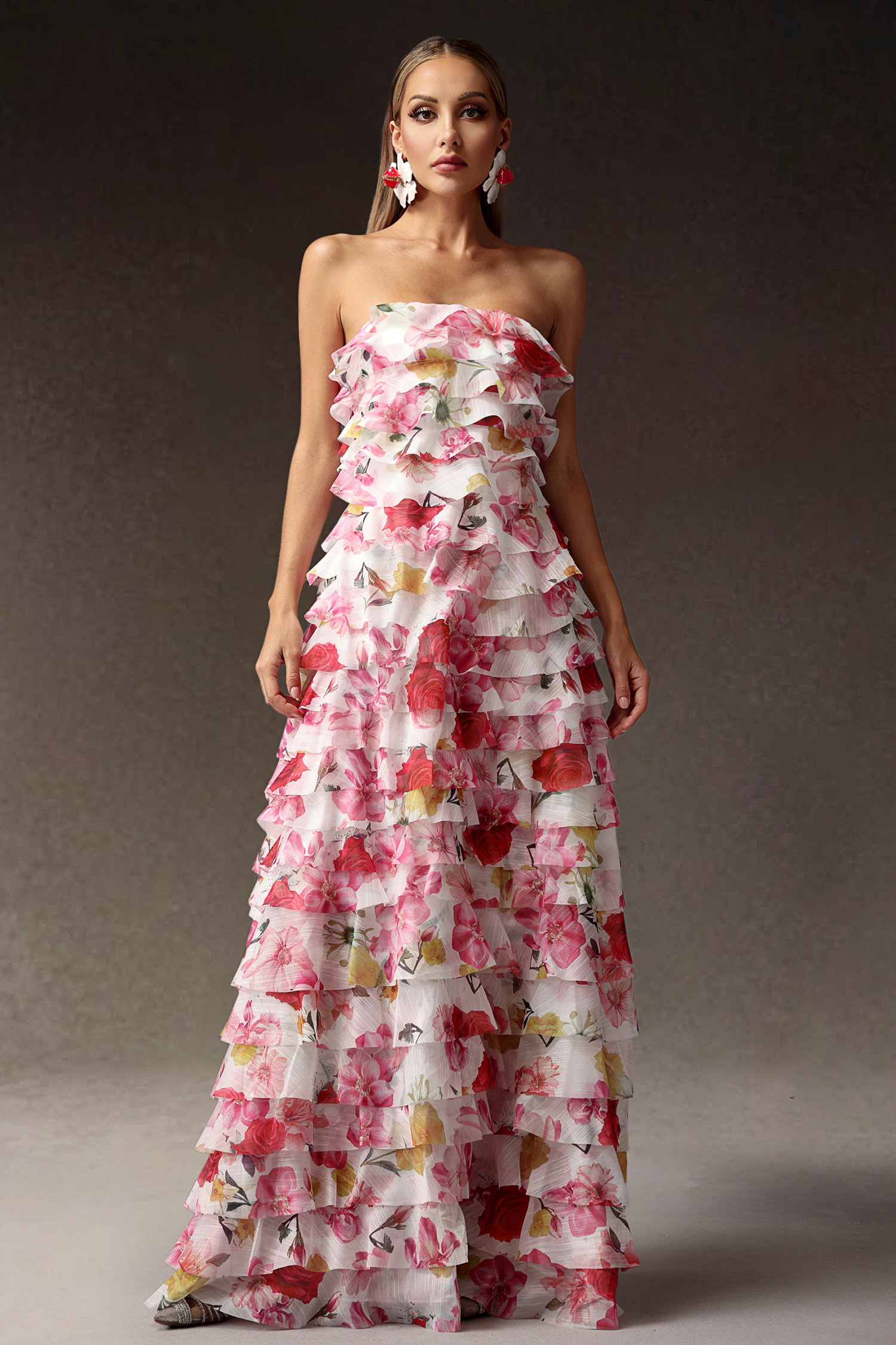 Kerlin Flowers Strapless Falbala Maxi Dress