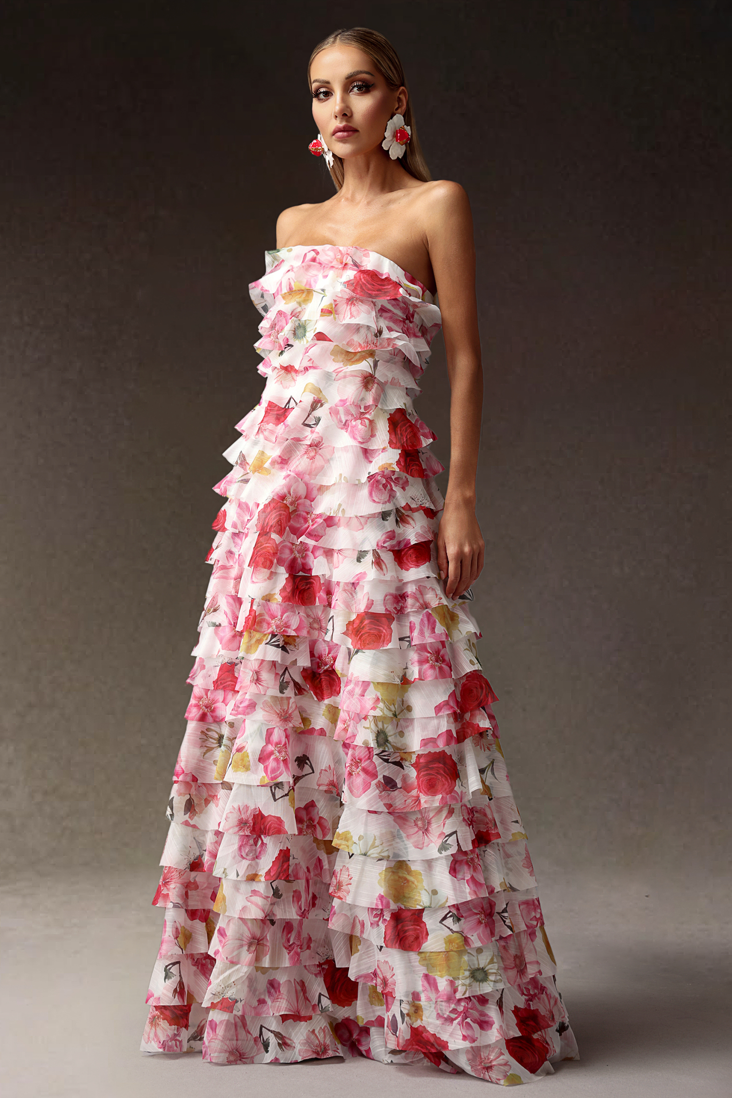 Kerlin Flowers Strapless Falbala Maxi Dress