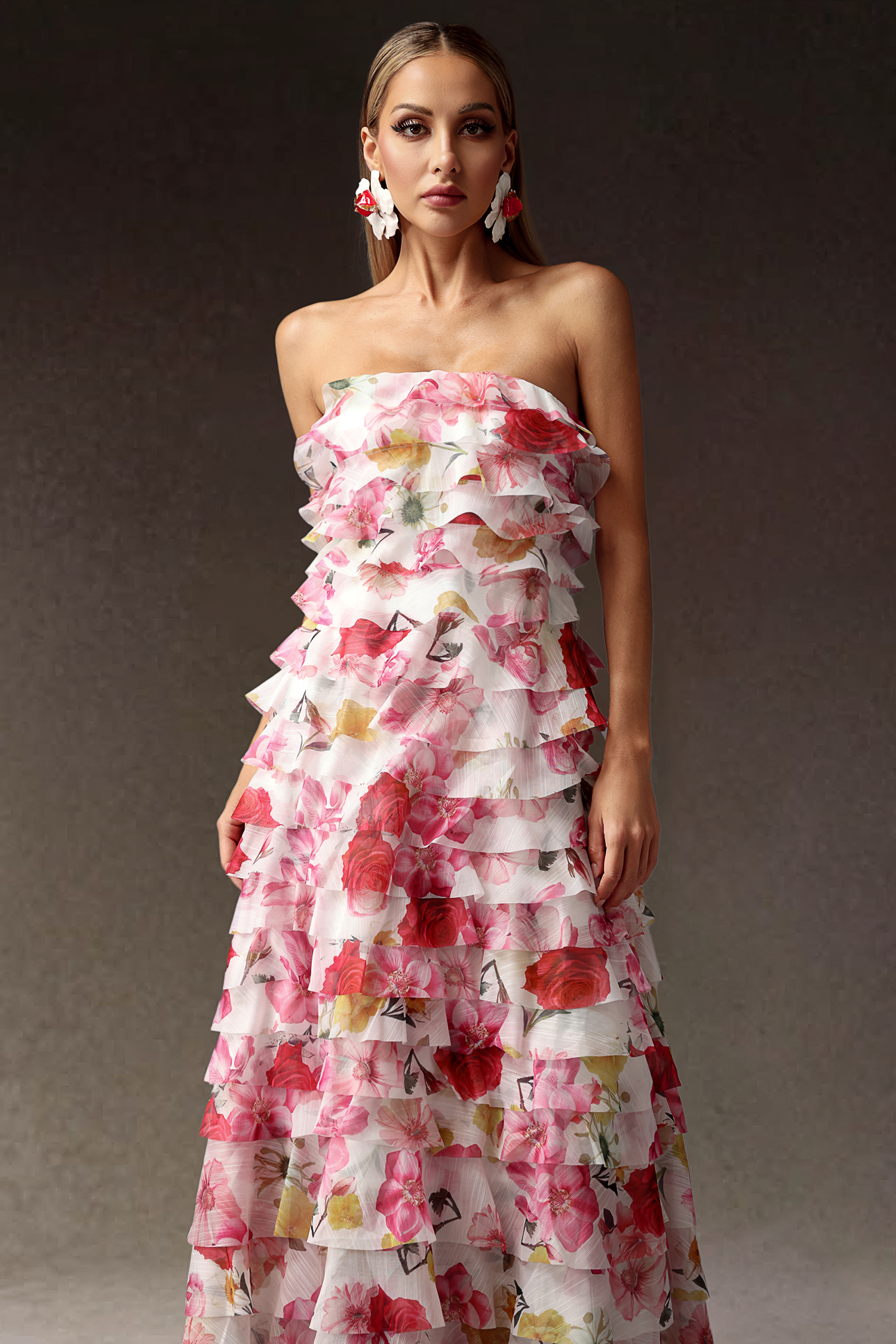 Kerlin Flowers Strapless Falbala Maxi Dress