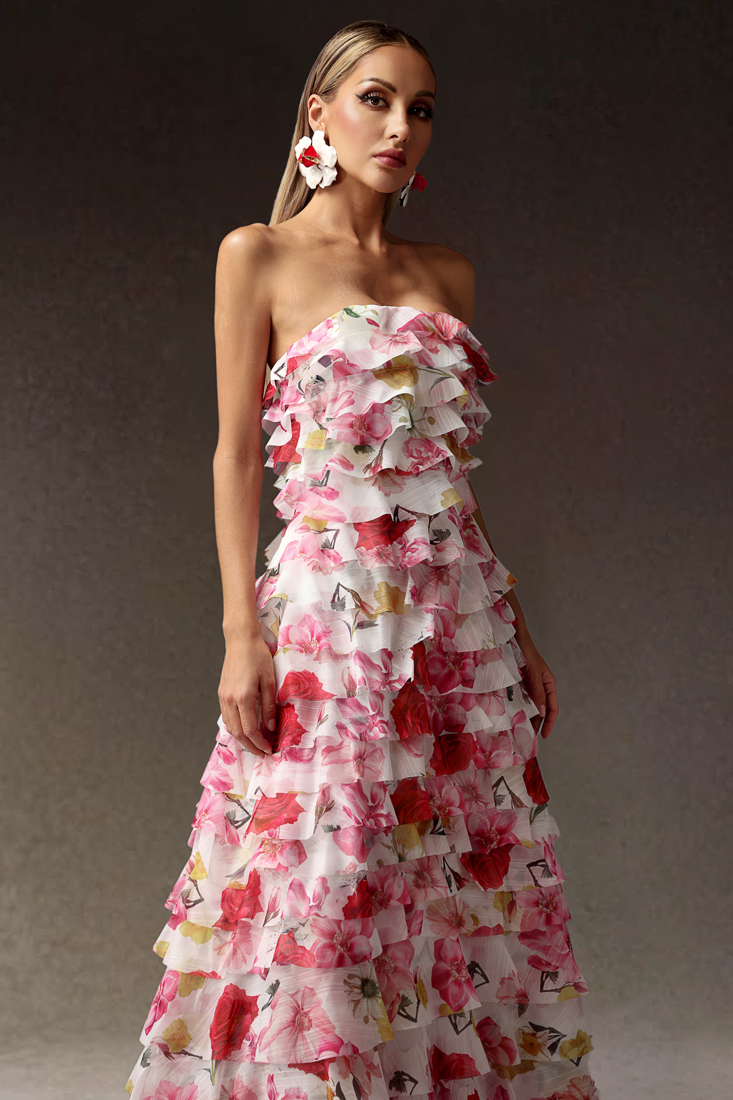 Kerlin Flowers Strapless Falbala Maxi Dress