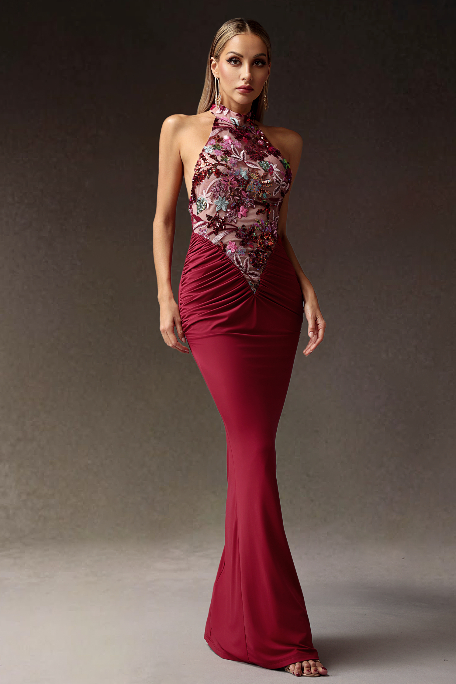 Elisabeth Flowers Sequins Slim Maxi Dress