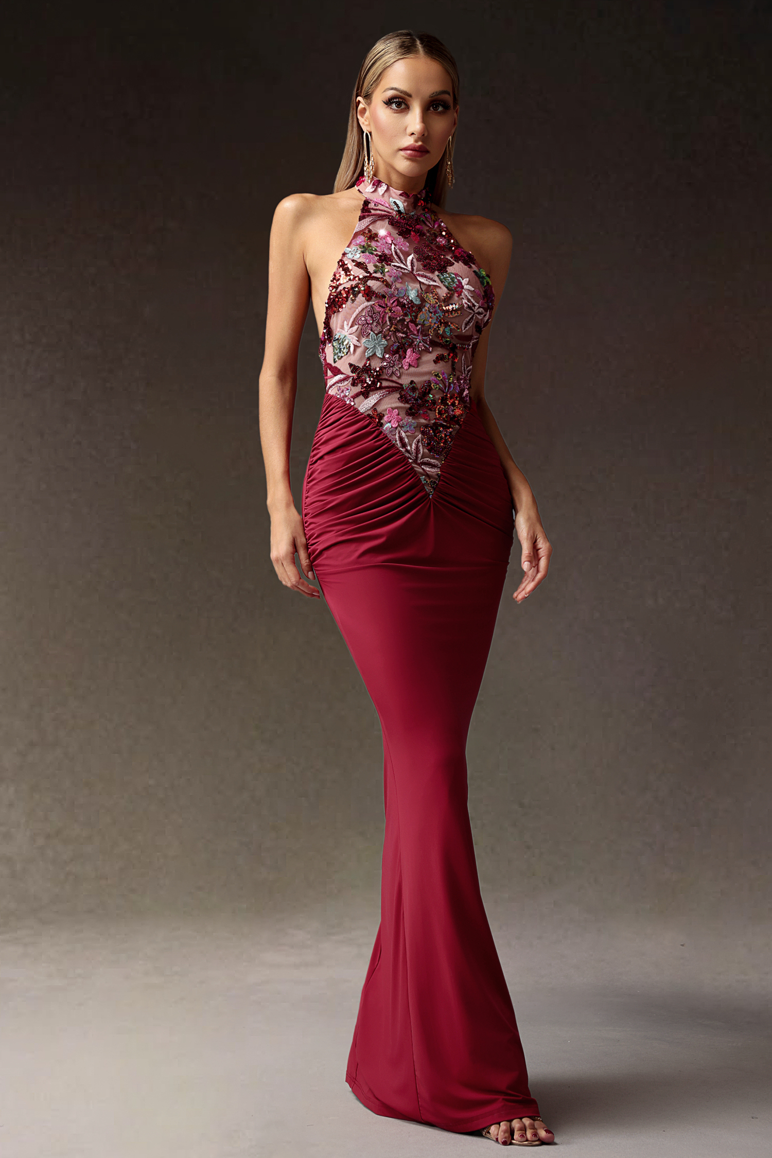 Elisabeth Flowers Sequins Slim Maxi Dress