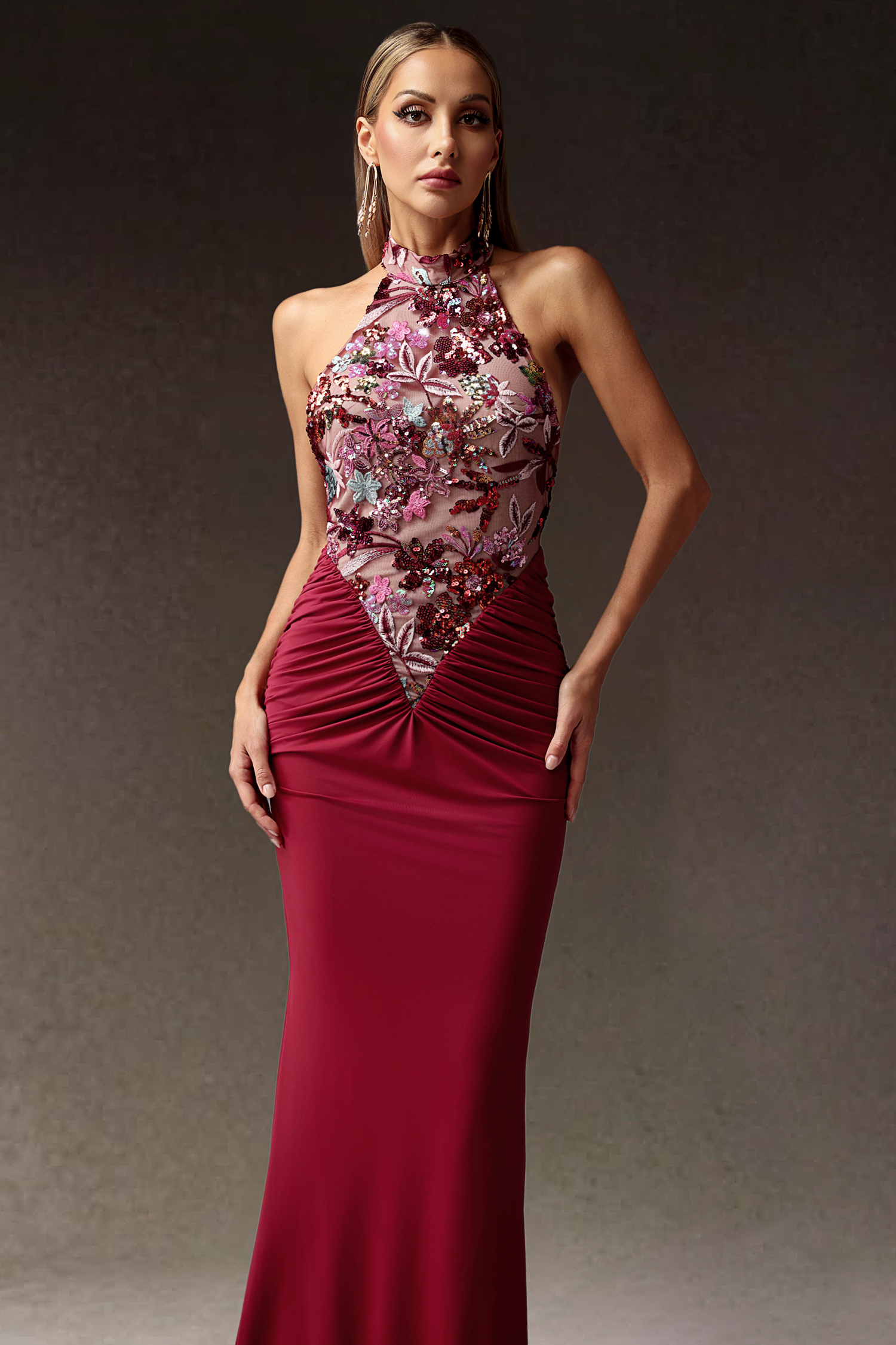 Elisabeth Flowers Sequins Slim Maxi Dress