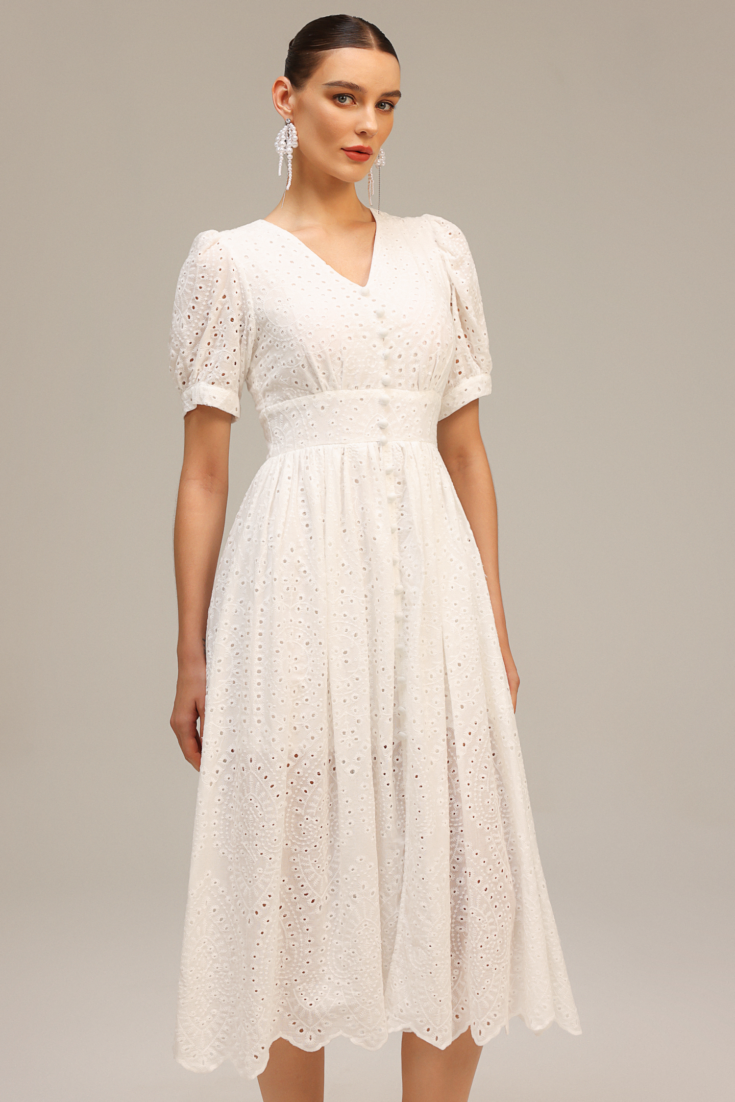 Timesha V-Neck Short Sleeve Lace Midi Dress