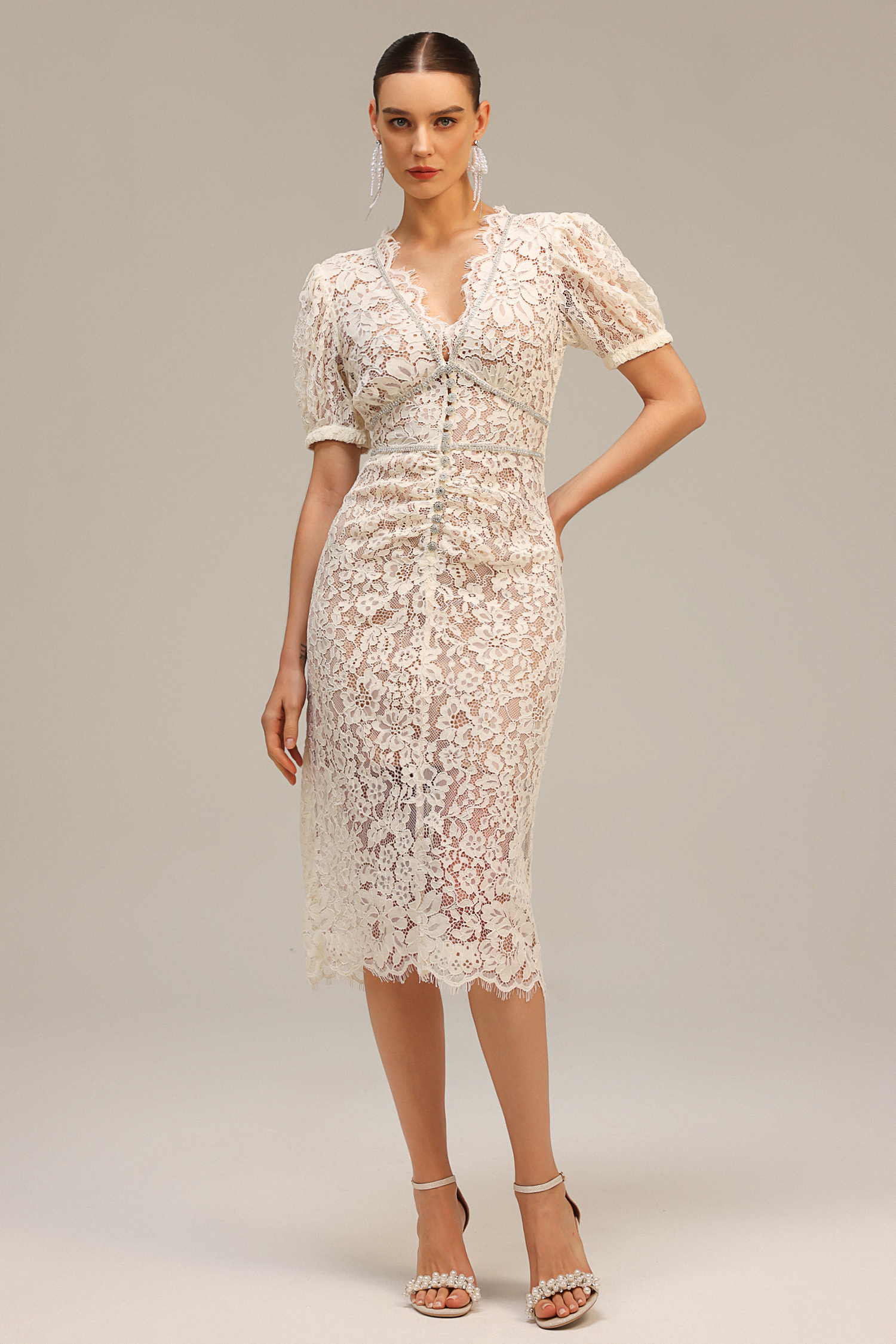 Modan V-Neck Short Sleeve Lace Maxi Dress