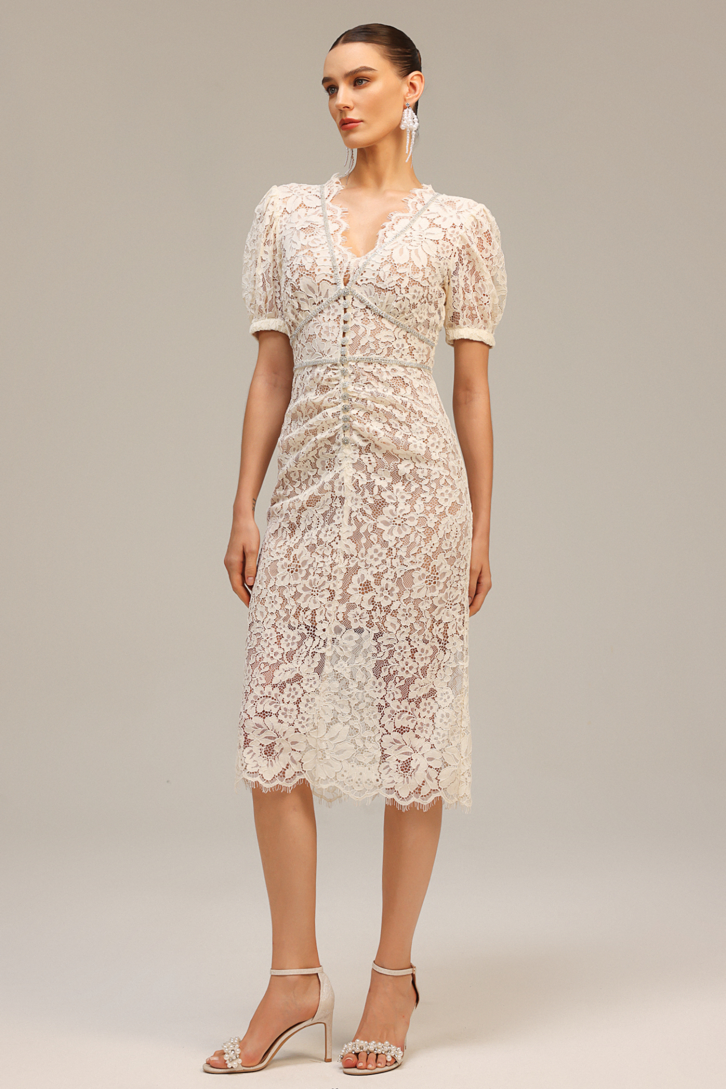 Modan V-Neck Short Sleeve Lace Maxi Dress