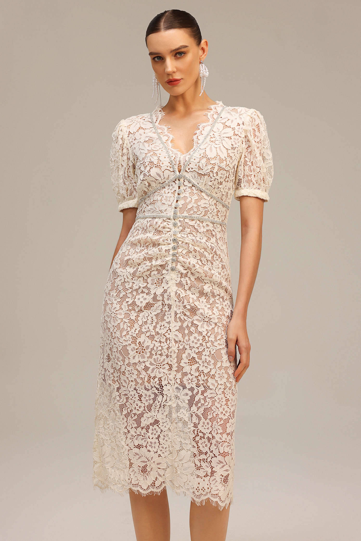 Modan V-Neck Short Sleeve Lace Maxi Dress