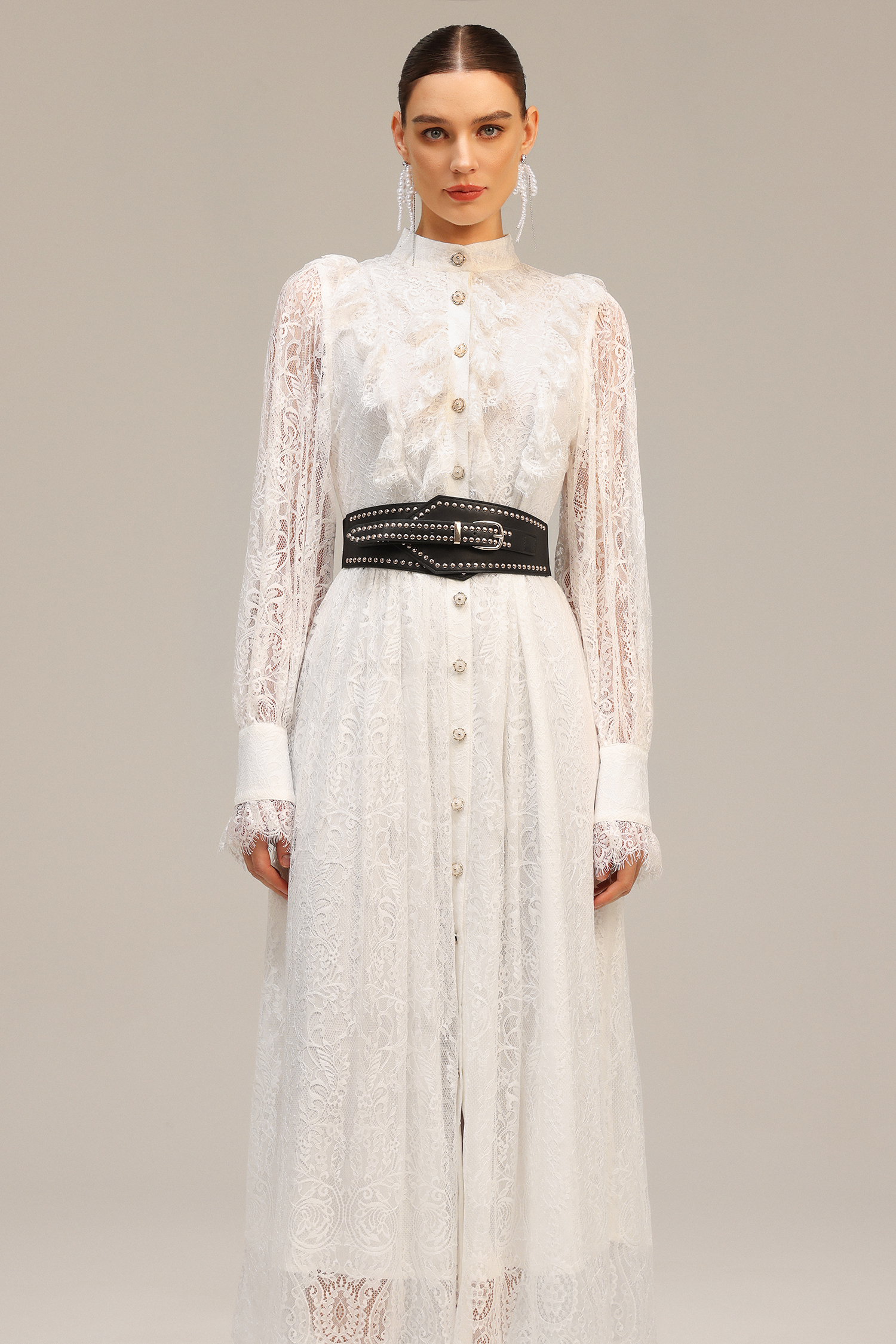 Emilia Long Sleeves Folds Lace Midi Dress