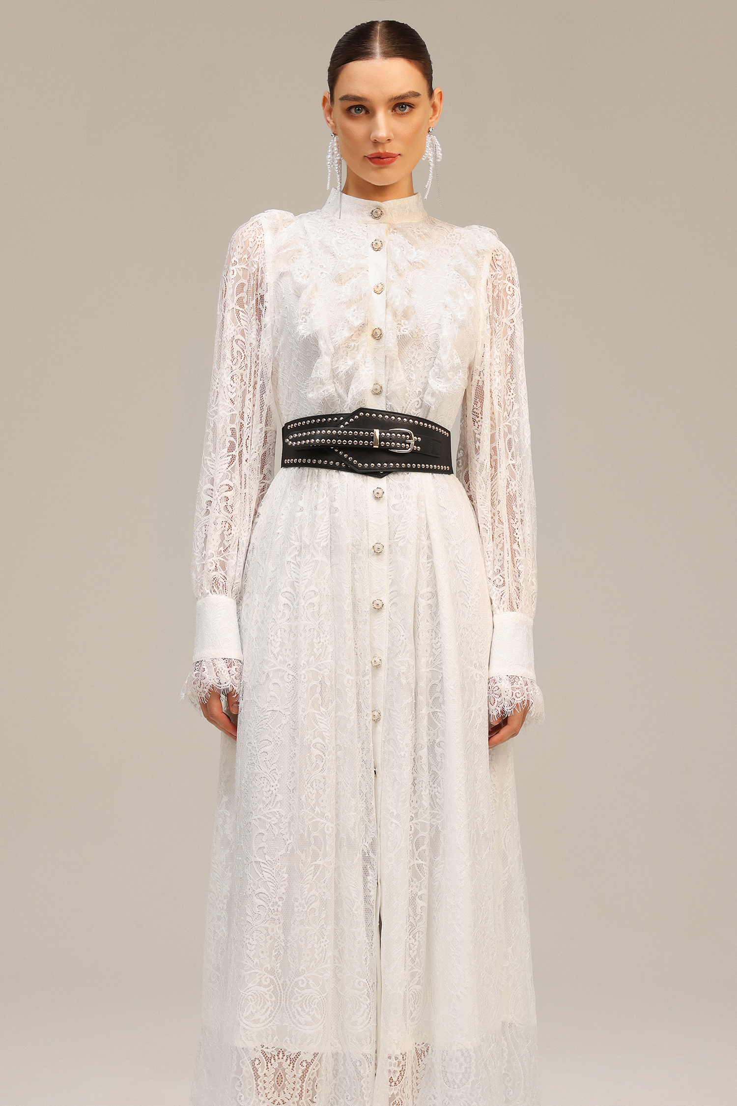 Emilia Long Sleeves Folds Lace Midi Dress