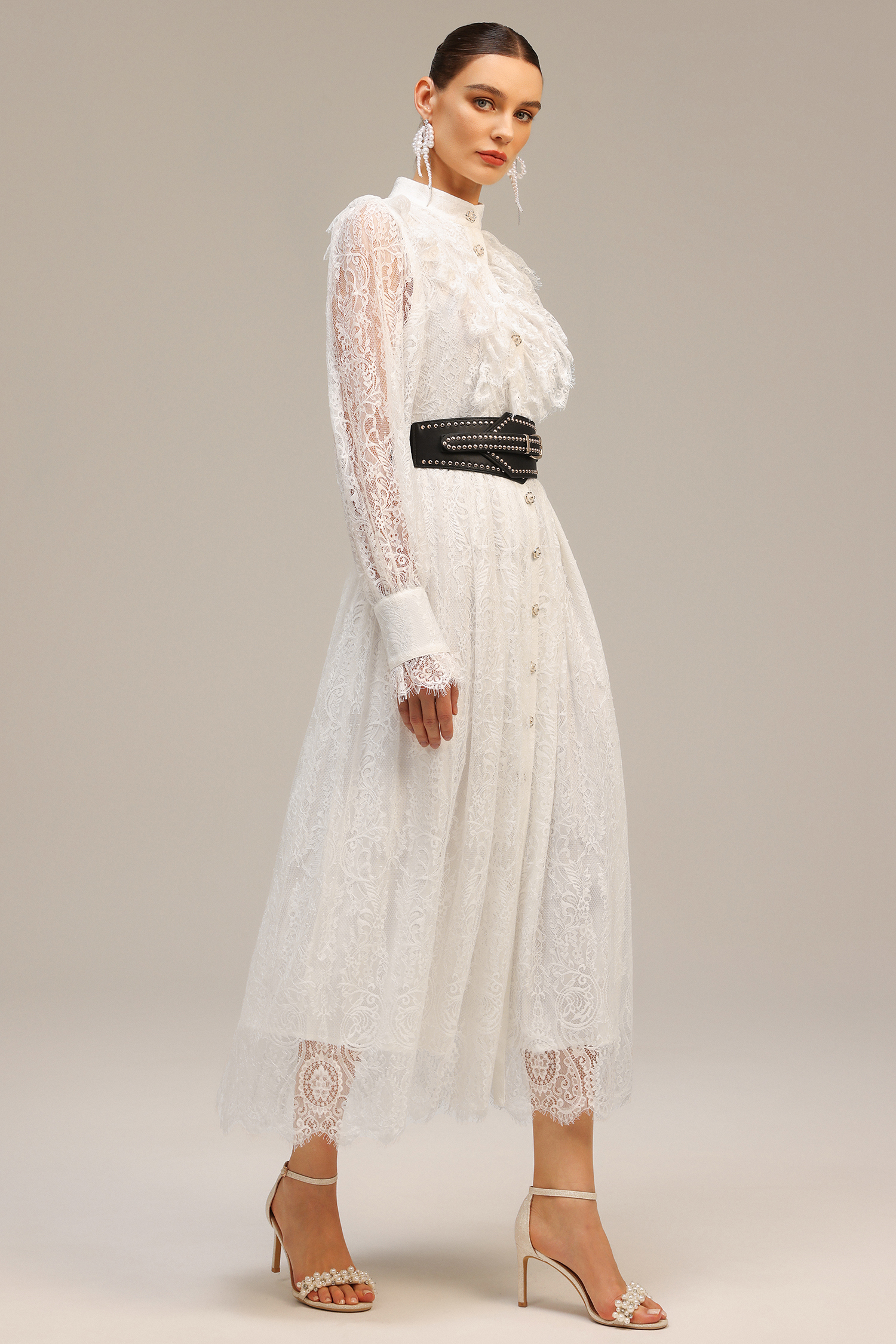 Emilia Long Sleeves Folds Lace Midi Dress