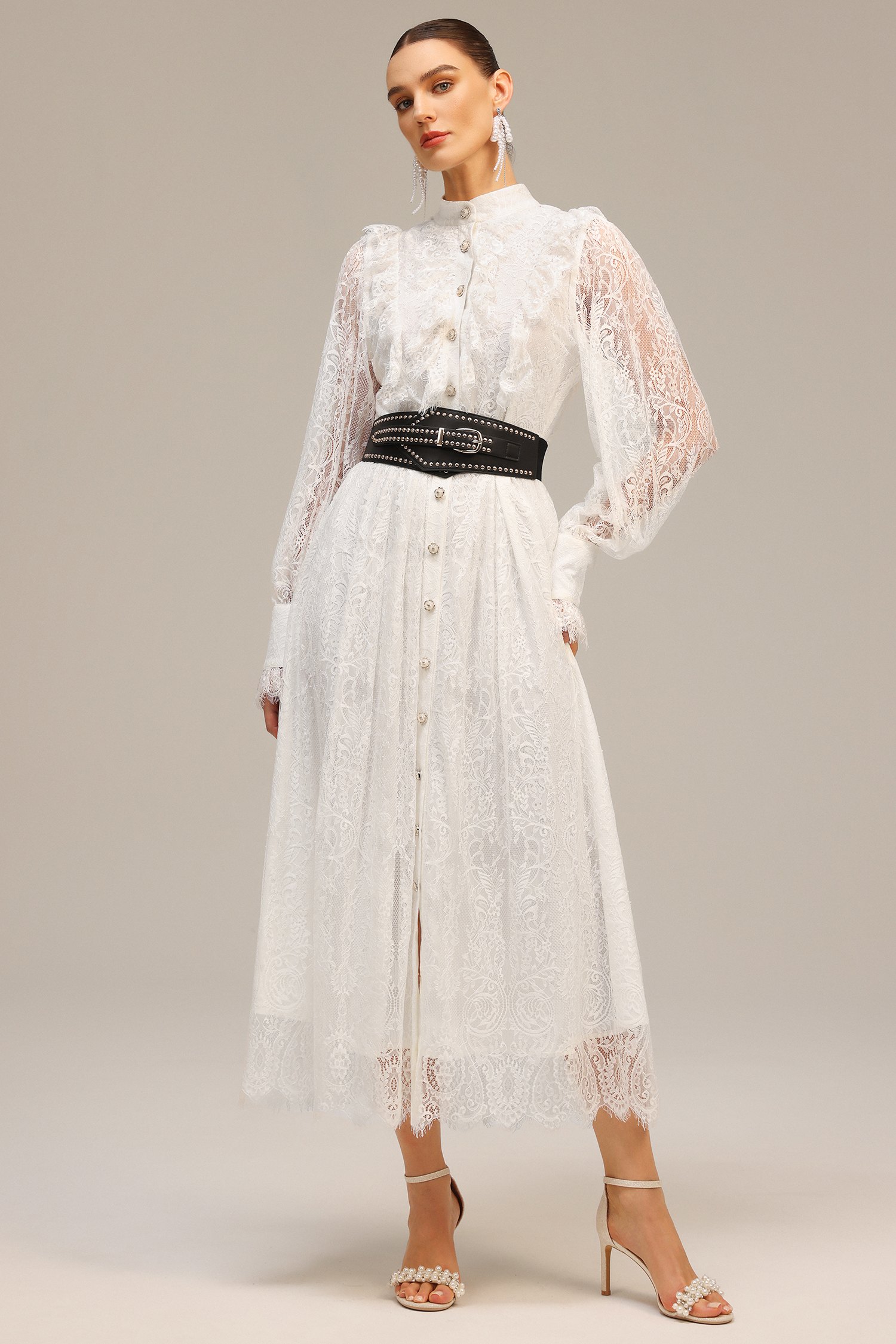 Emilia Long Sleeves Folds Lace Midi Dress