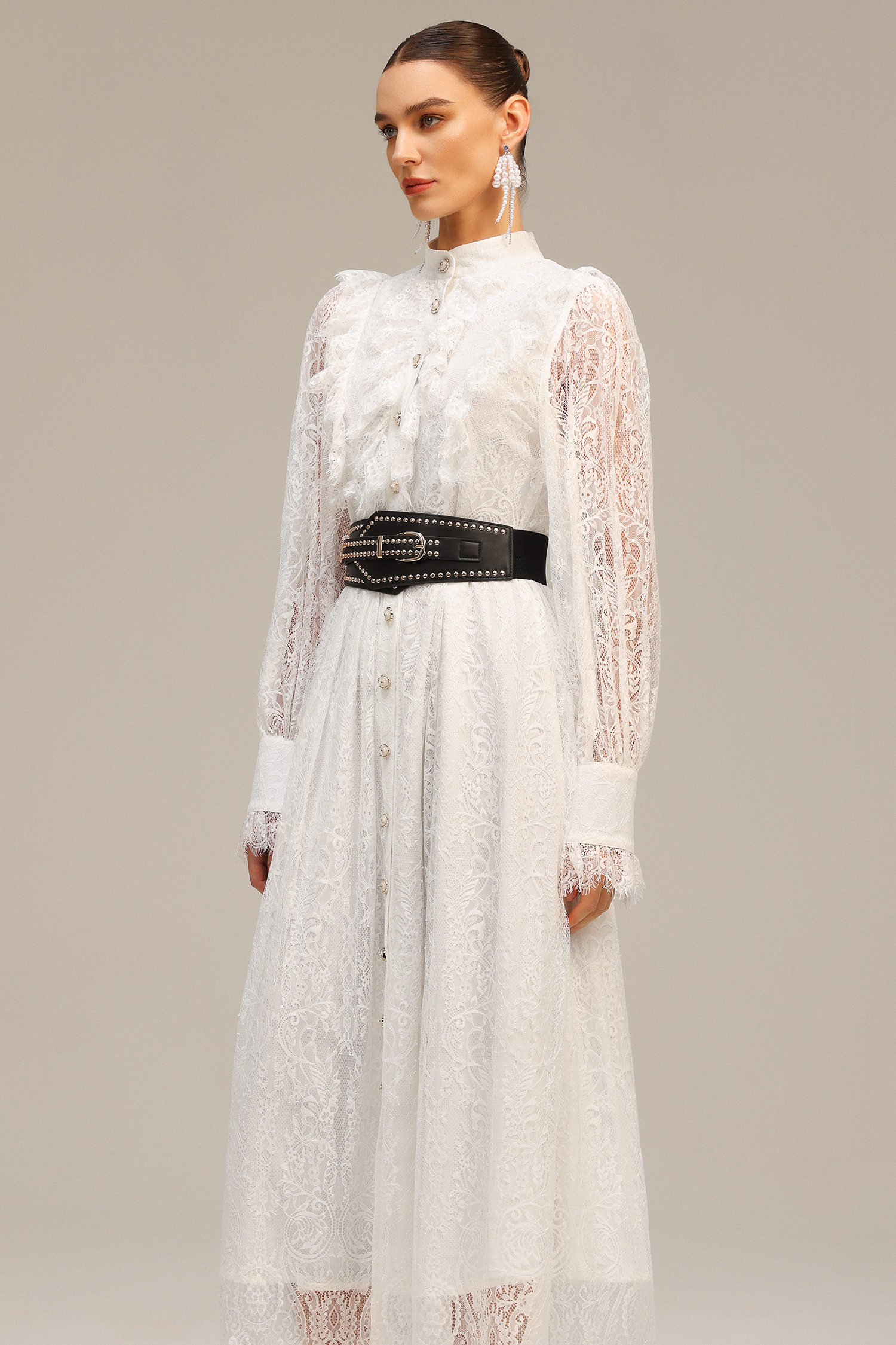 Emilia Long Sleeves Folds Lace Midi Dress