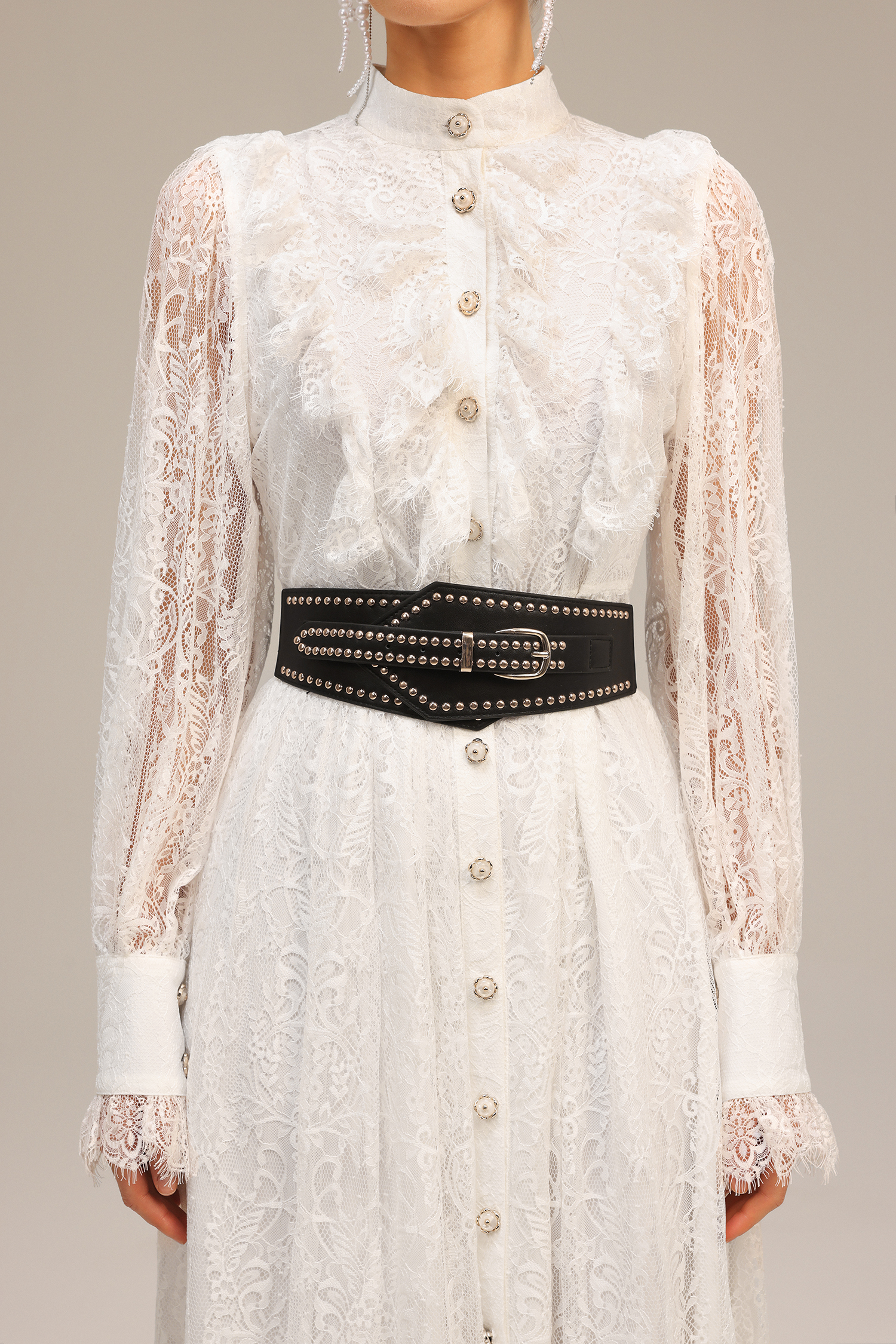 Emilia Long Sleeves Folds Lace Midi Dress