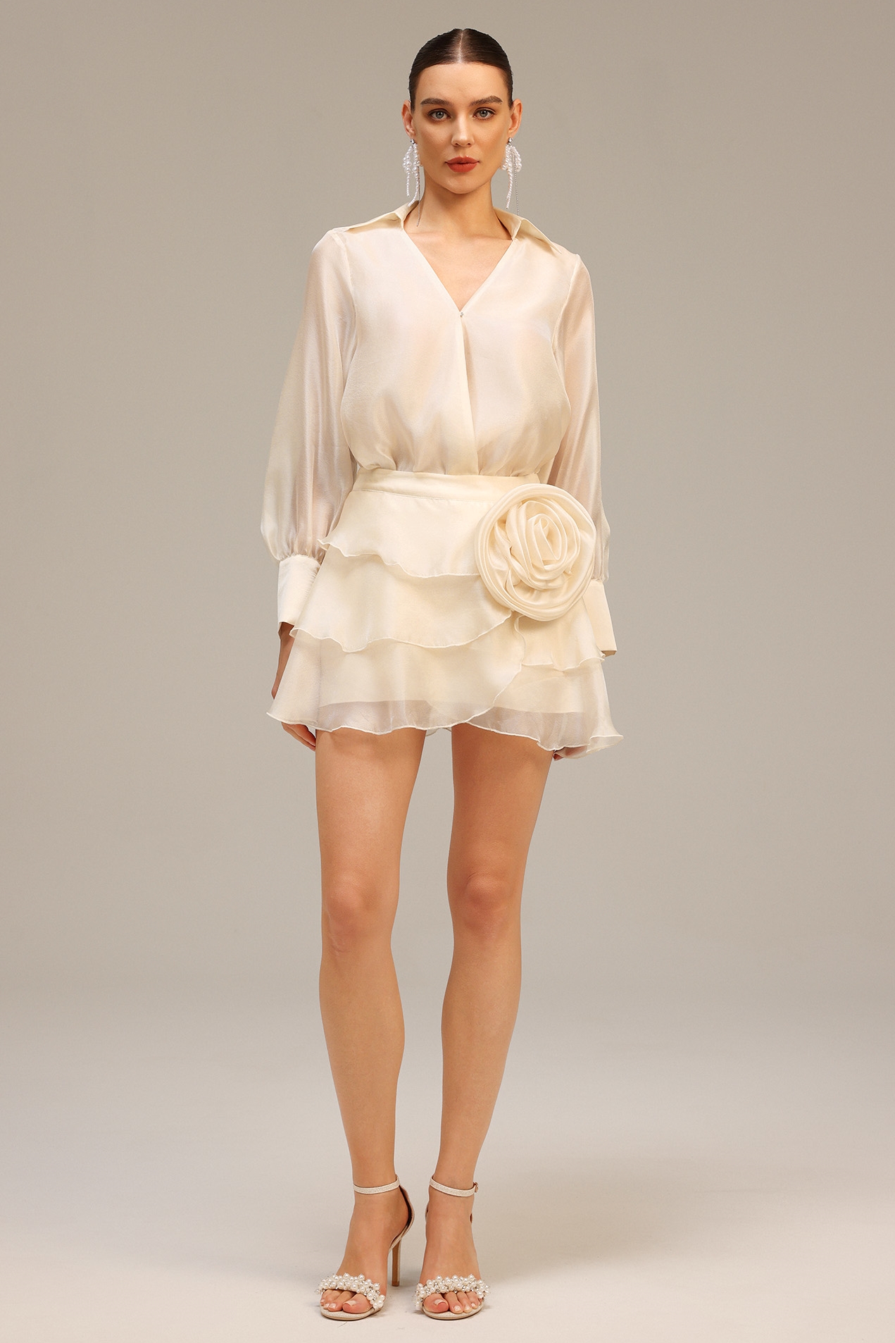 Suri V-Neck Flower Long Sleeves Top And Skirt Two-Piece Set