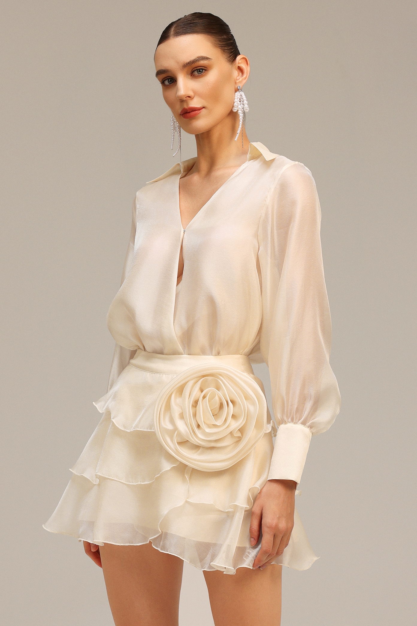 Suri V-Neck Flower Long Sleeves Top And Skirt Two-Piece Set