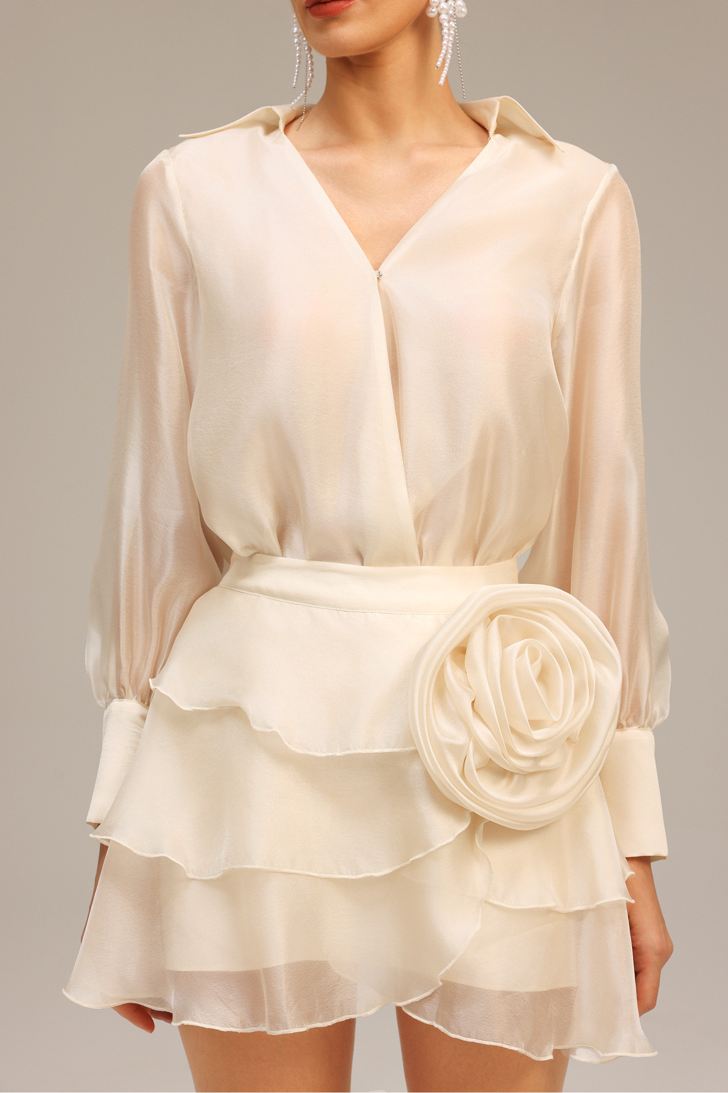 Suri V-Neck Flower Long Sleeves Top And Skirt Two-Piece Set