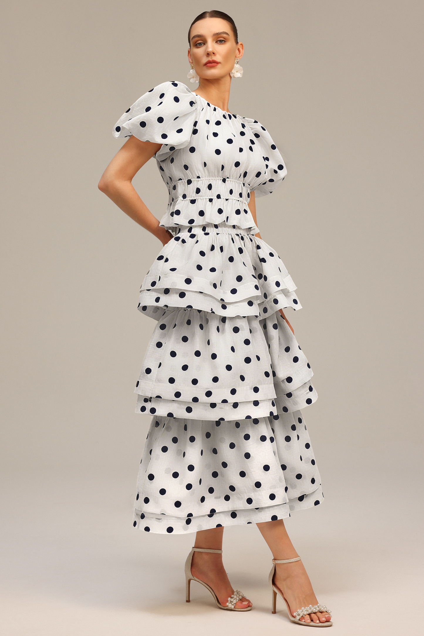 Nasim Puff Sleeves Dot Printed Top And Skirt Two-Piece Set