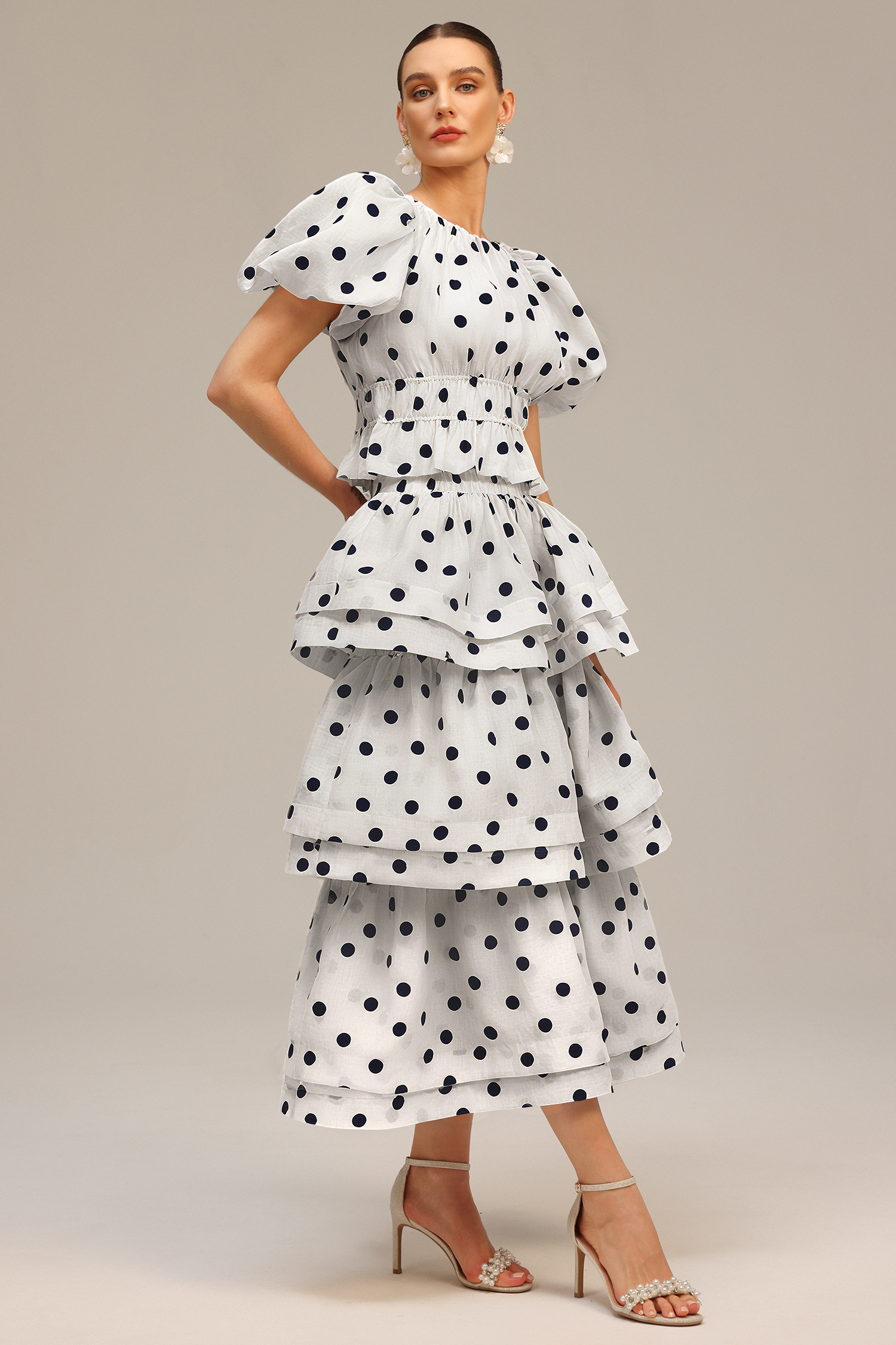 Nasim Puff Sleeves Dot Printed Top And Skirt Two-Piece Set