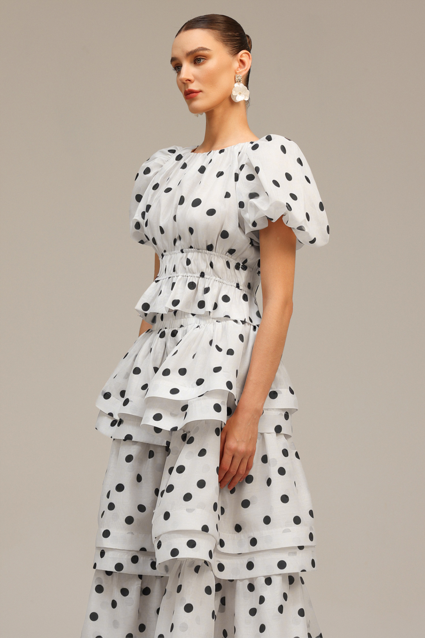 Nasim Puff Sleeves Dot Printed Top And Skirt Two-Piece Set