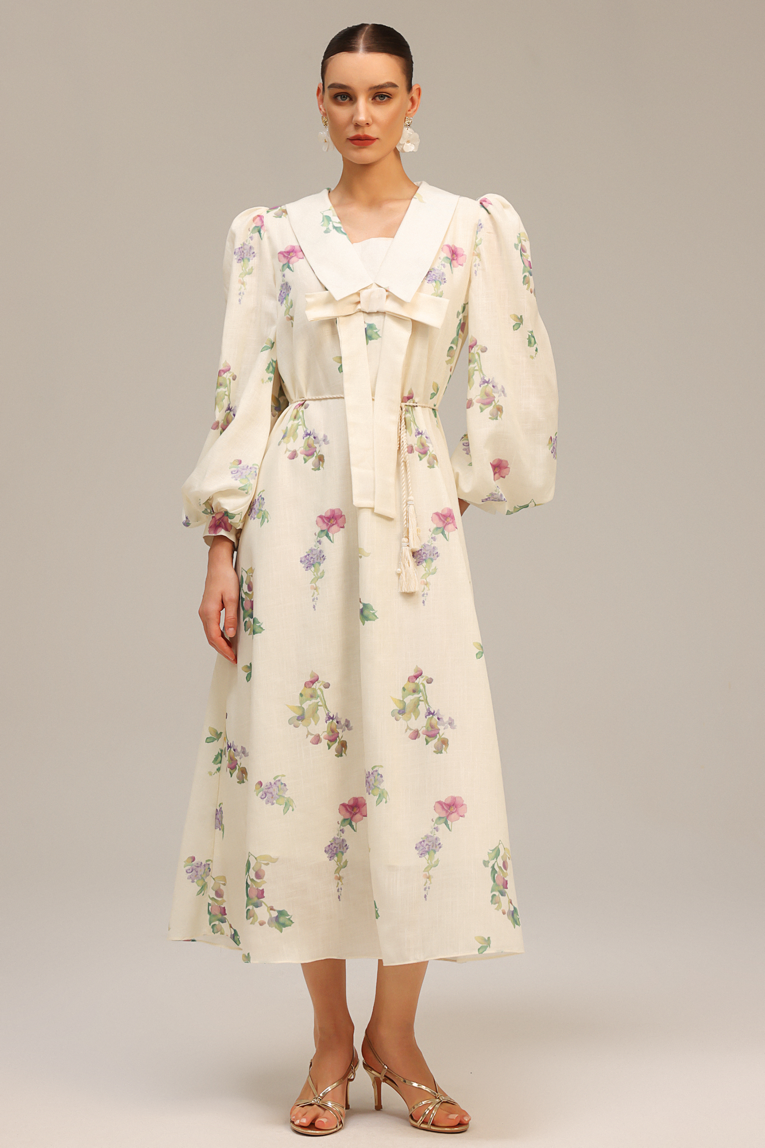 Stolen Long Sleeves Bowknot Floral Printed Maxi Dress