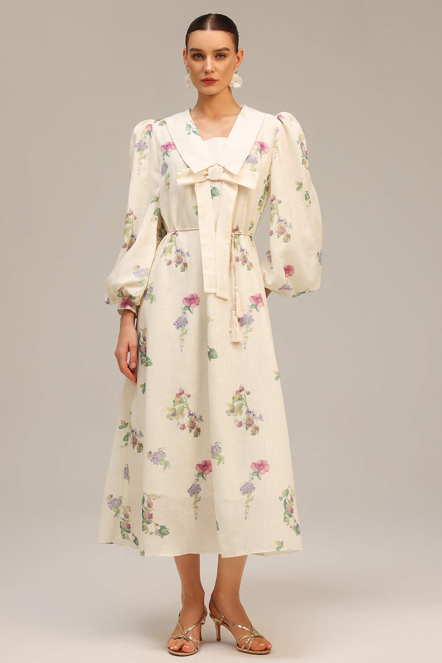 Stolen Long Sleeves Bowknot Floral Printed Maxi Dress