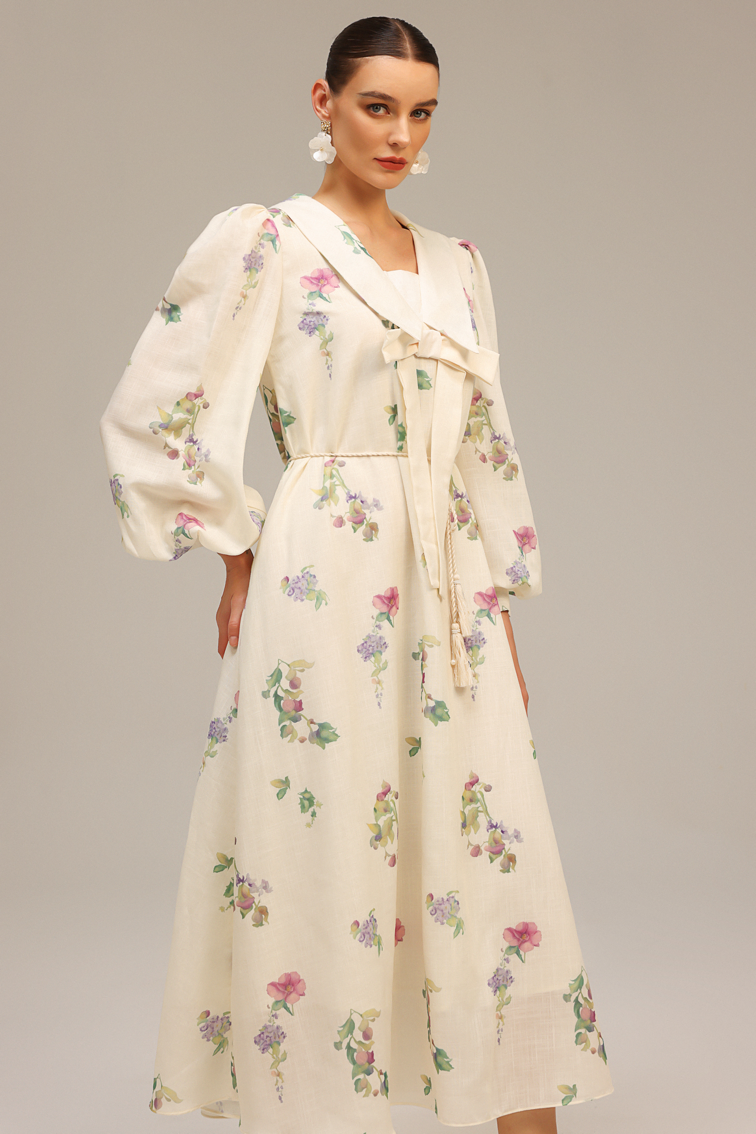 Stolen Long Sleeves Bowknot Floral Printed Maxi Dress
