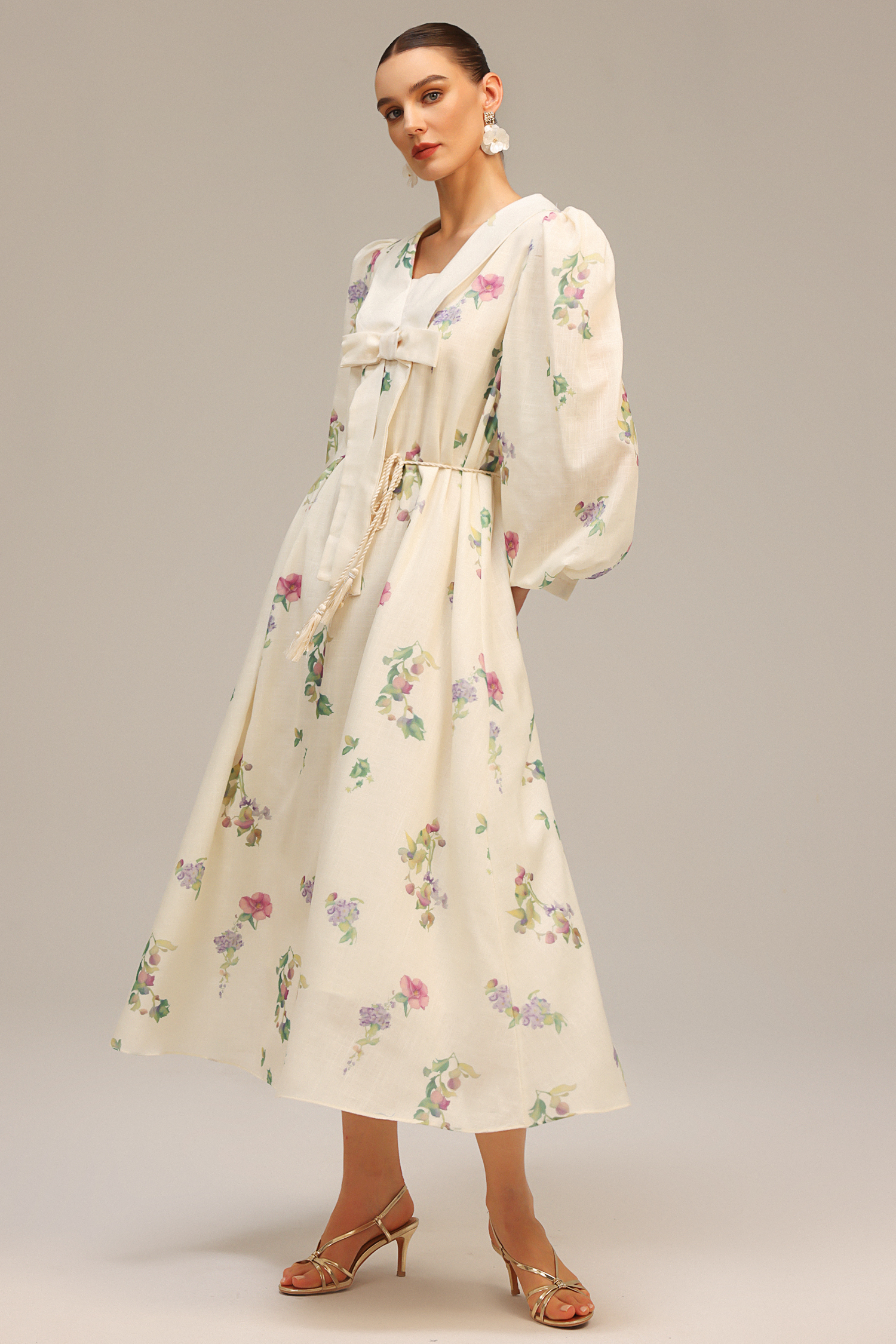 Stolen Long Sleeves Bowknot Floral Printed Maxi Dress