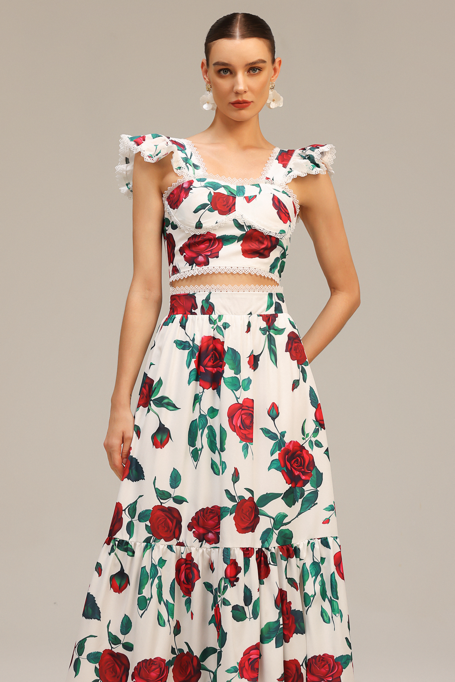 Huresa Sleeveless Floral Printed Top And Skirt Two-Piece Set