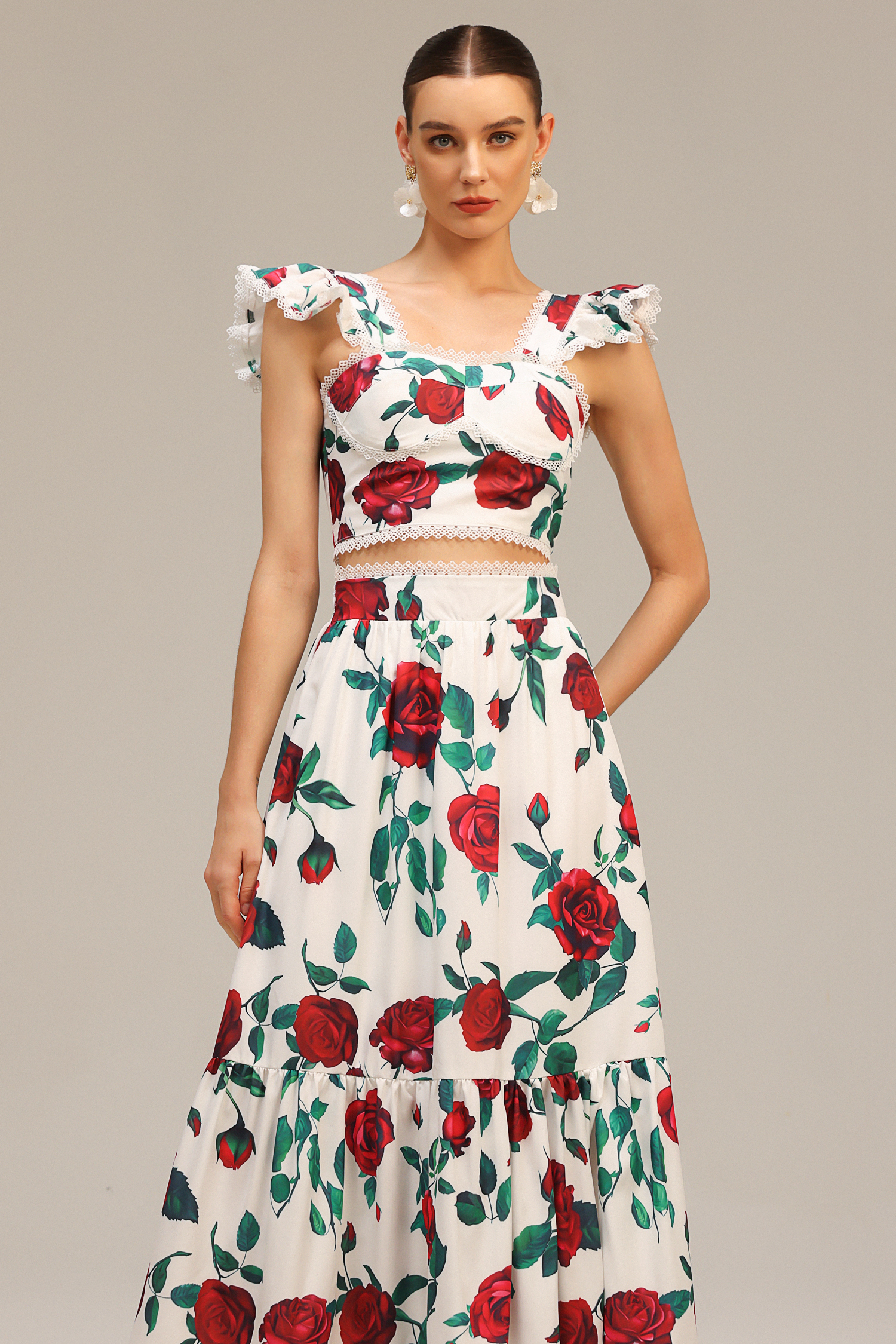 Huresa Sleeveless Floral Printed Top And Skirt Two-Piece Set