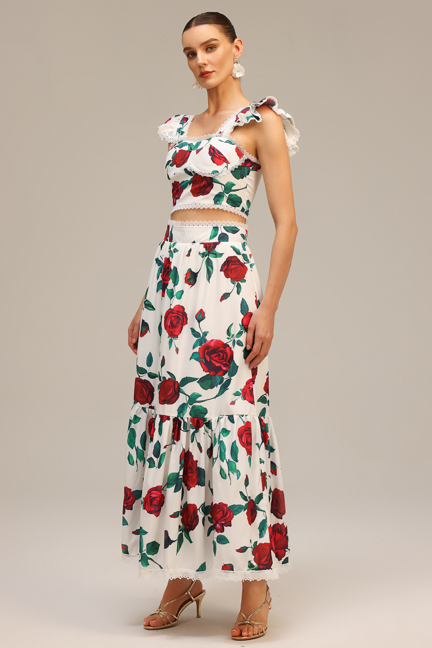 Huresa Sleeveless Floral Printed Top And Skirt Two-Piece Set