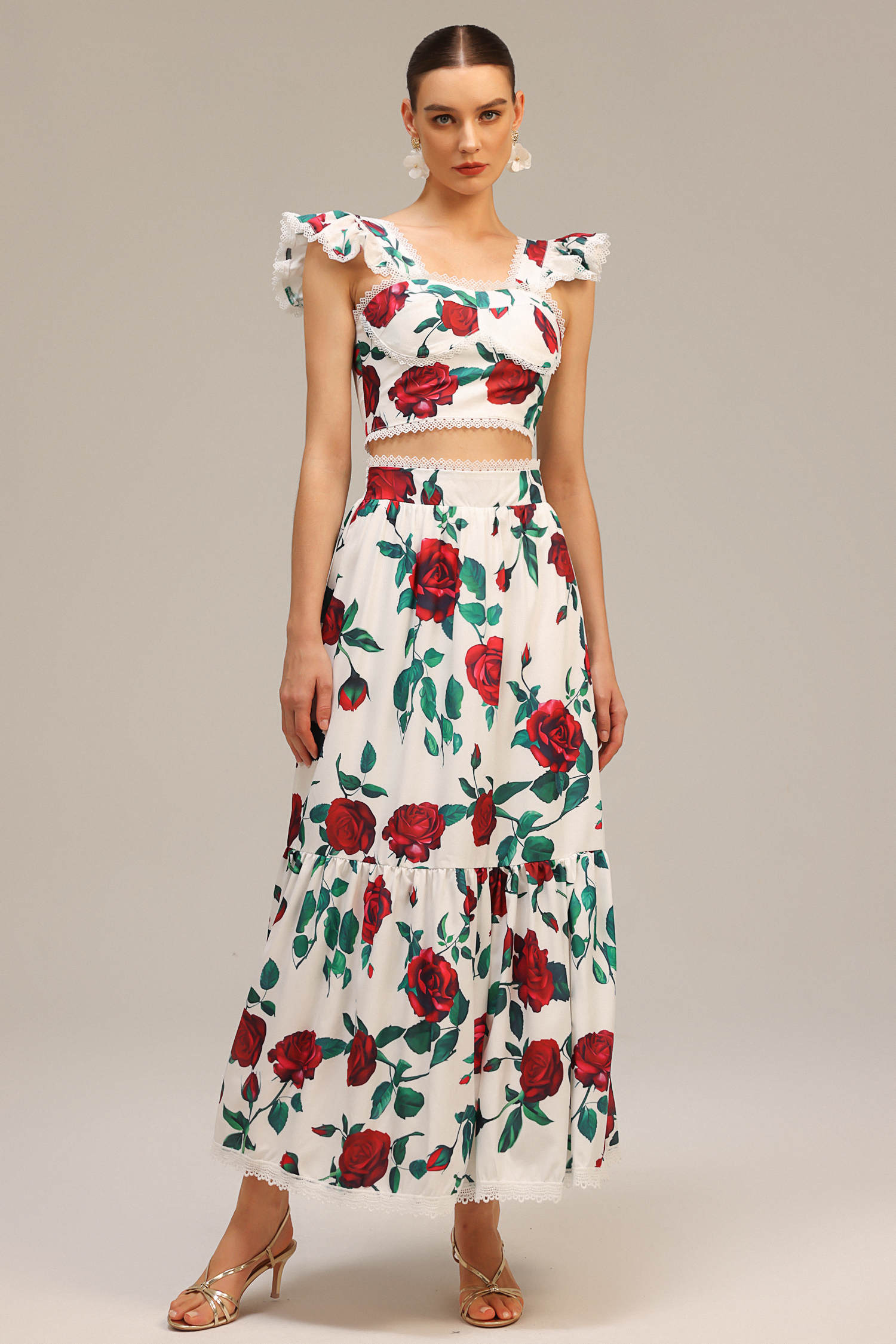 Huresa Sleeveless Floral Printed Top And Skirt Two-Piece Set