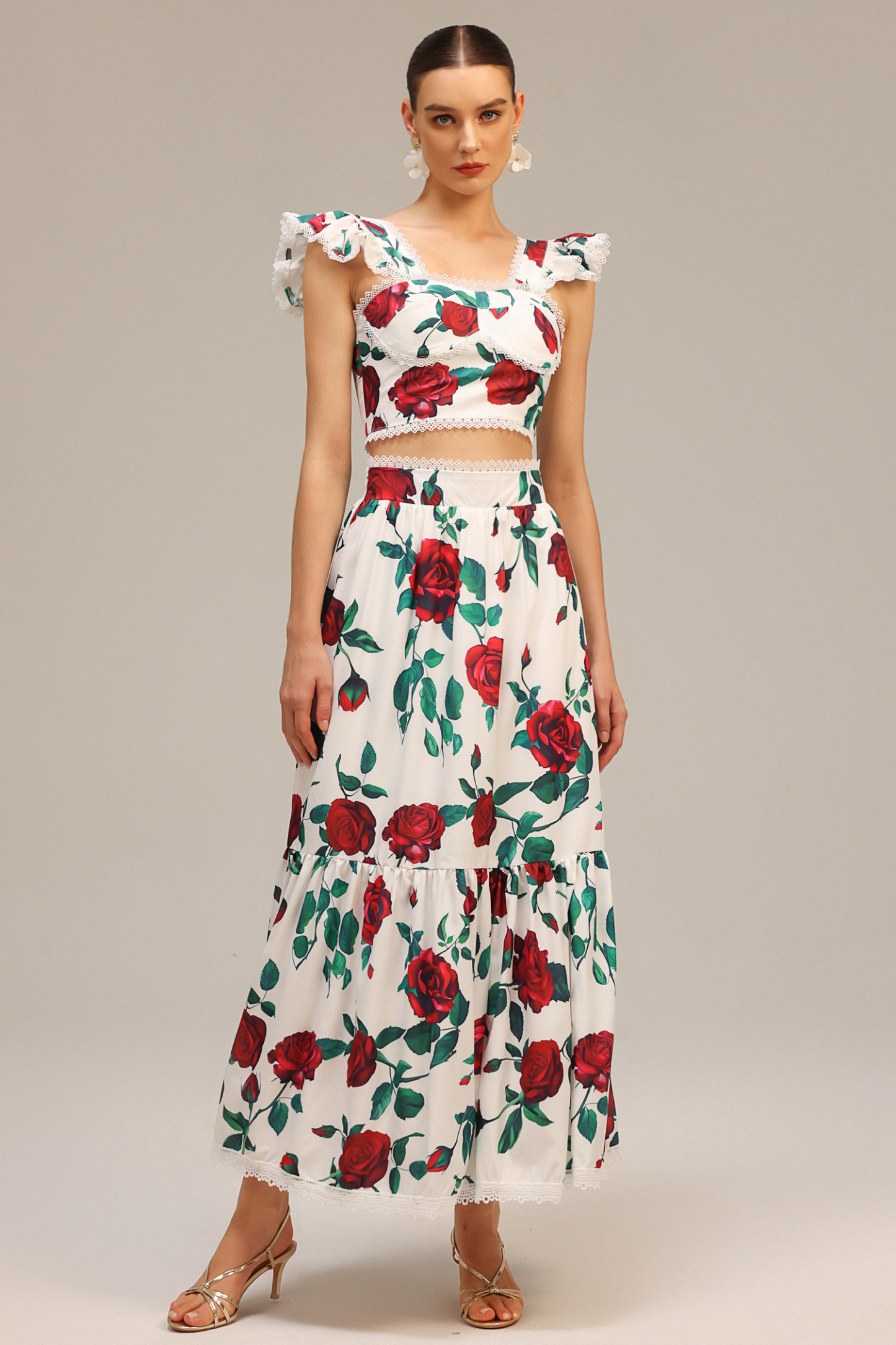 Huresa Sleeveless Floral Printed Top And Skirt Two-Piece Set