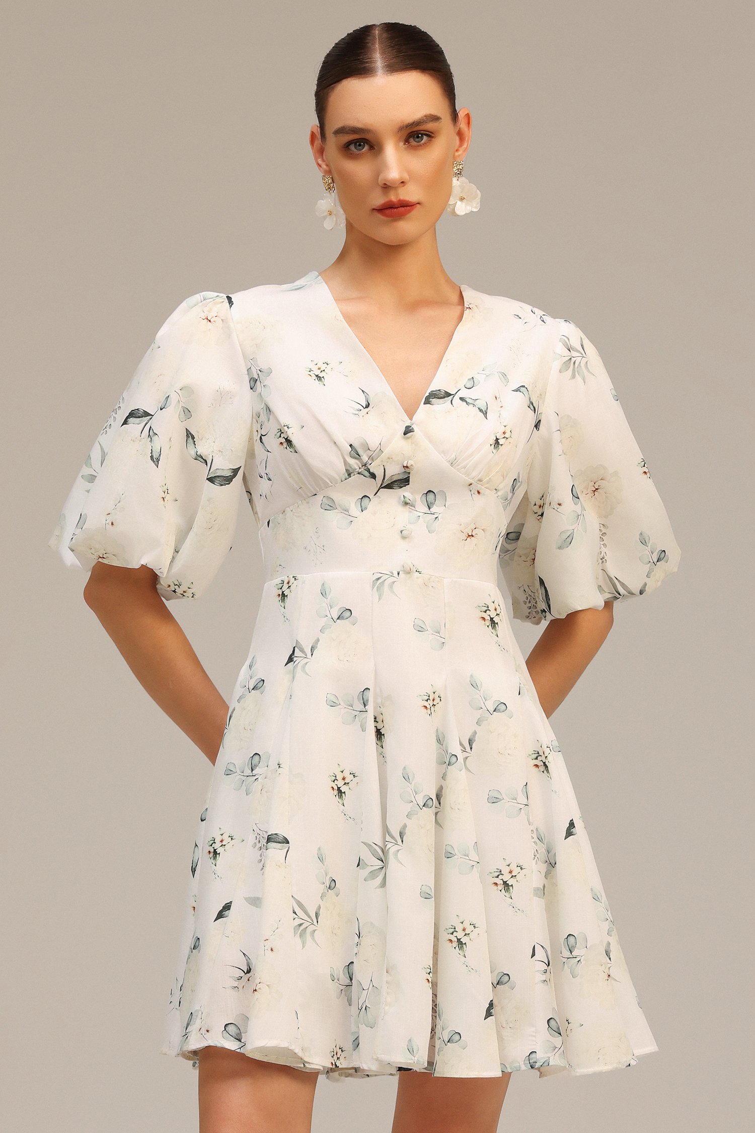 Jayne V-Neck Puff Sleeves Floral Printed Mini Dress