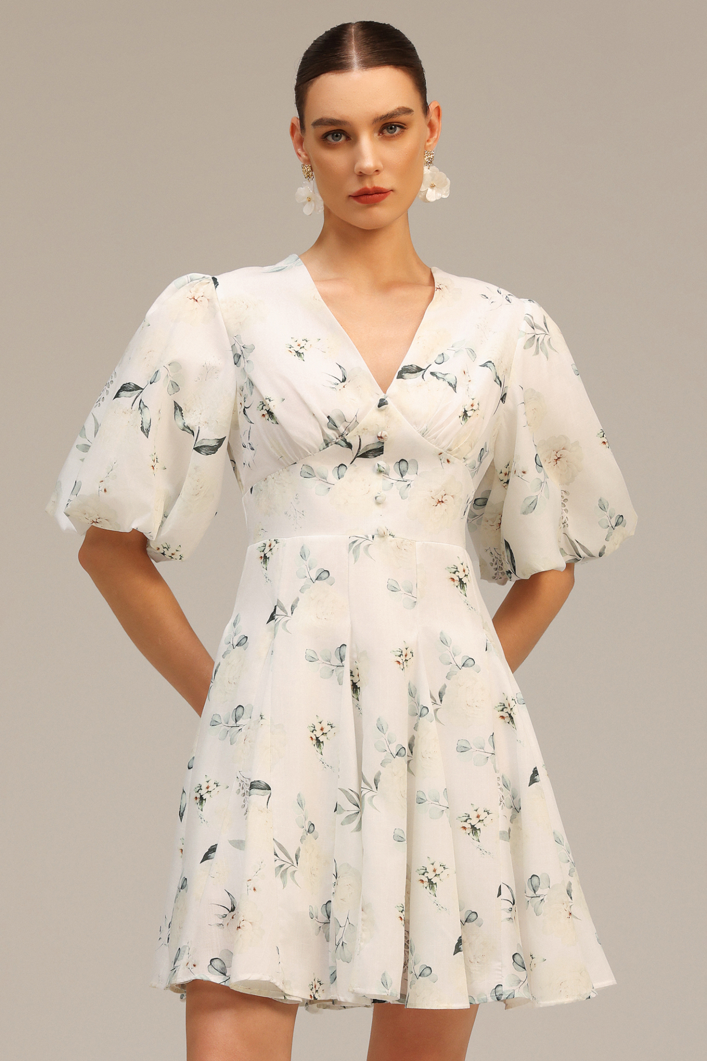 Jayne V-Neck Puff Sleeves Floral Printed Mini Dress